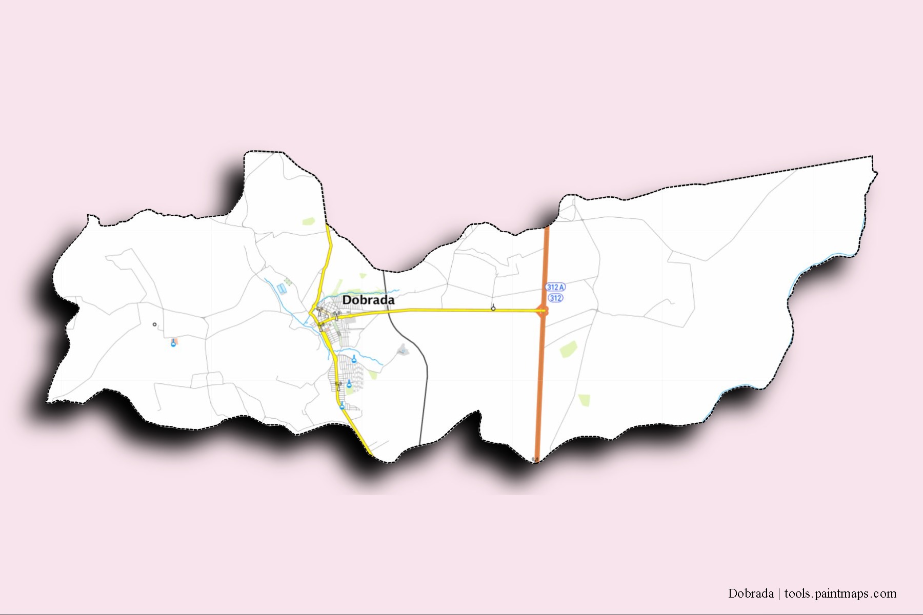 Dobrada neighborhoods and villages map with 3D shadow effect