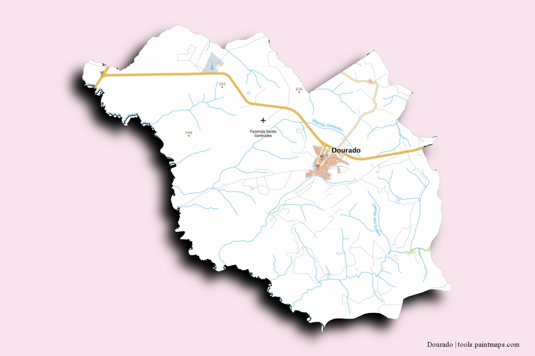 Mapa de barrios y pueblos de Dourado con efecto de sombra 3D