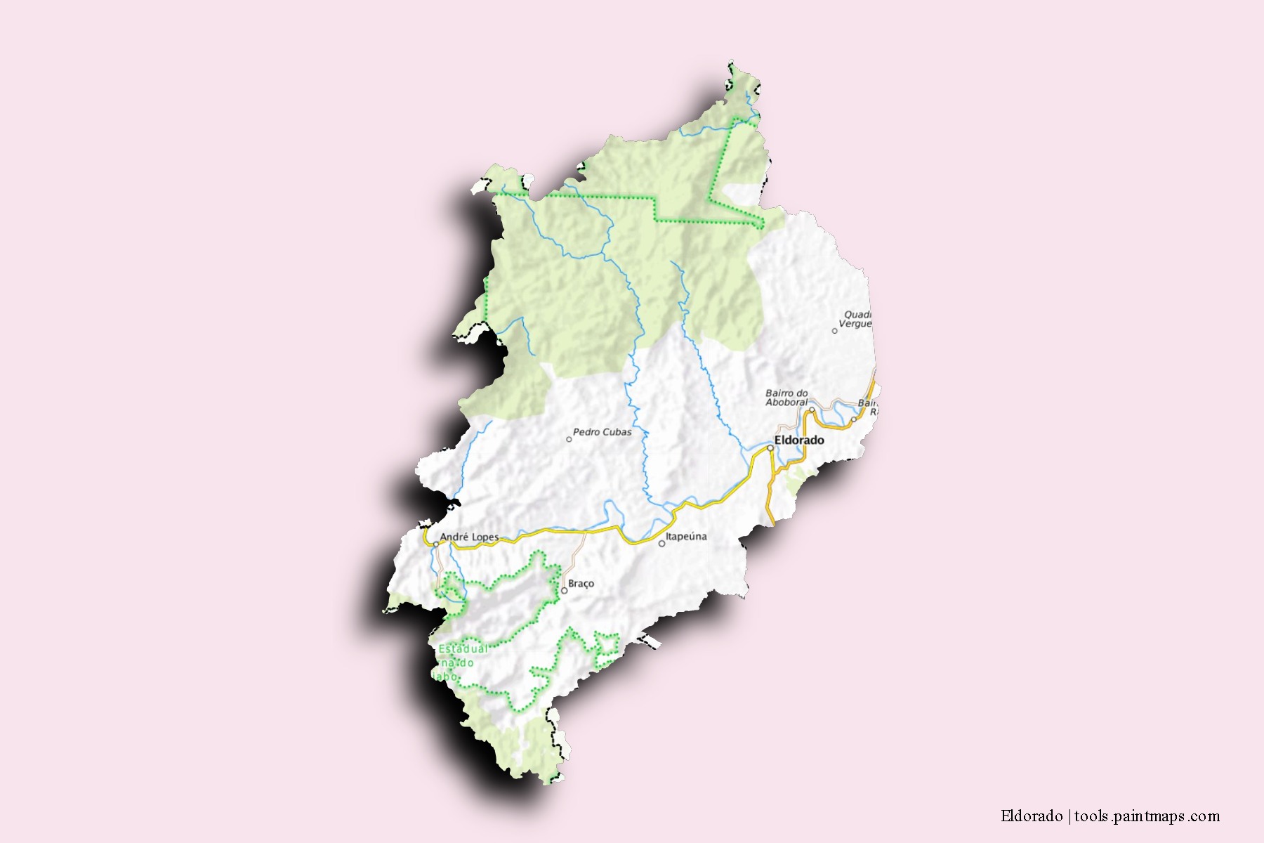 Mapa de barrios y pueblos de Eldorado con efecto de sombra 3D