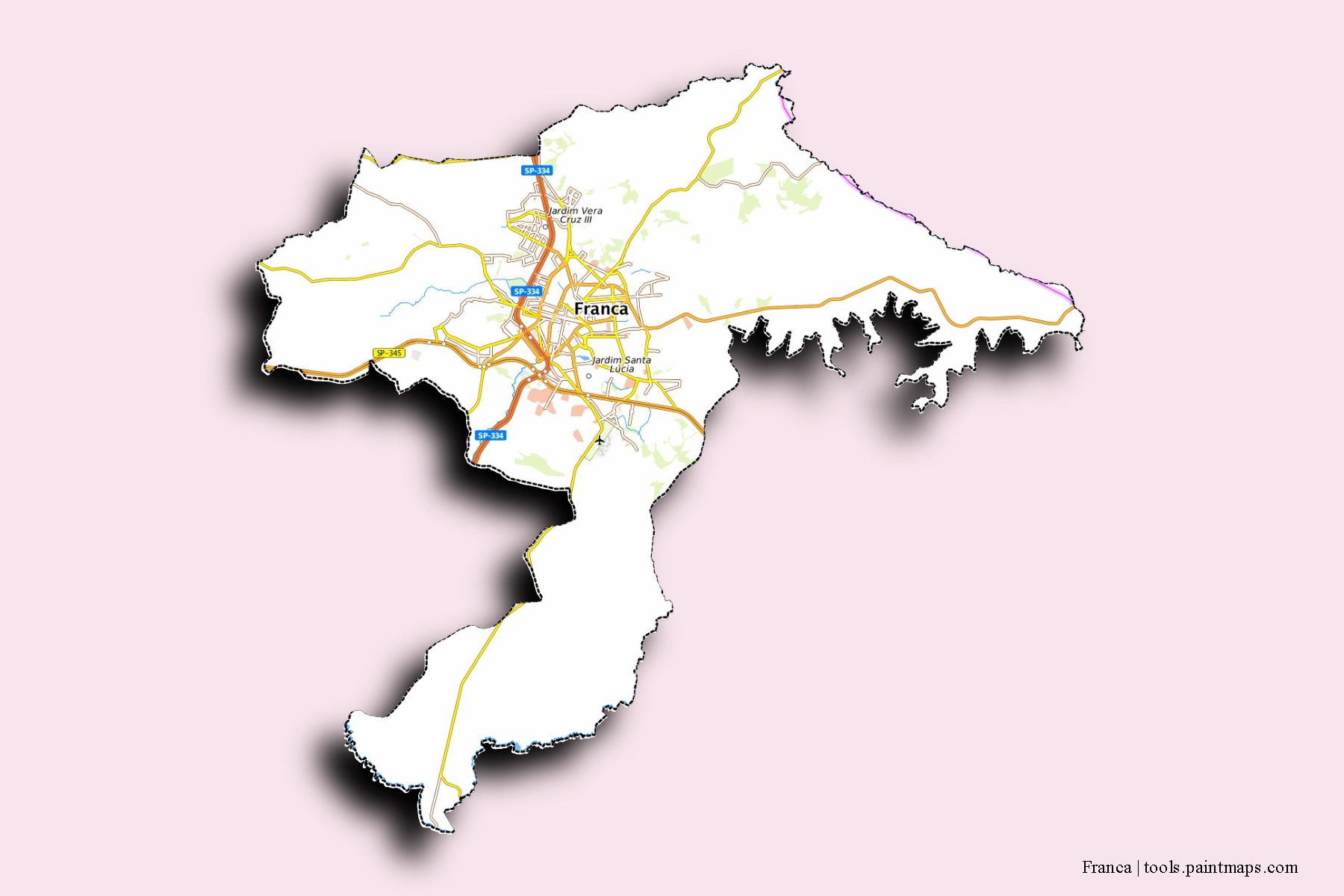 Mapa de barrios y pueblos de Franca con efecto de sombra 3D