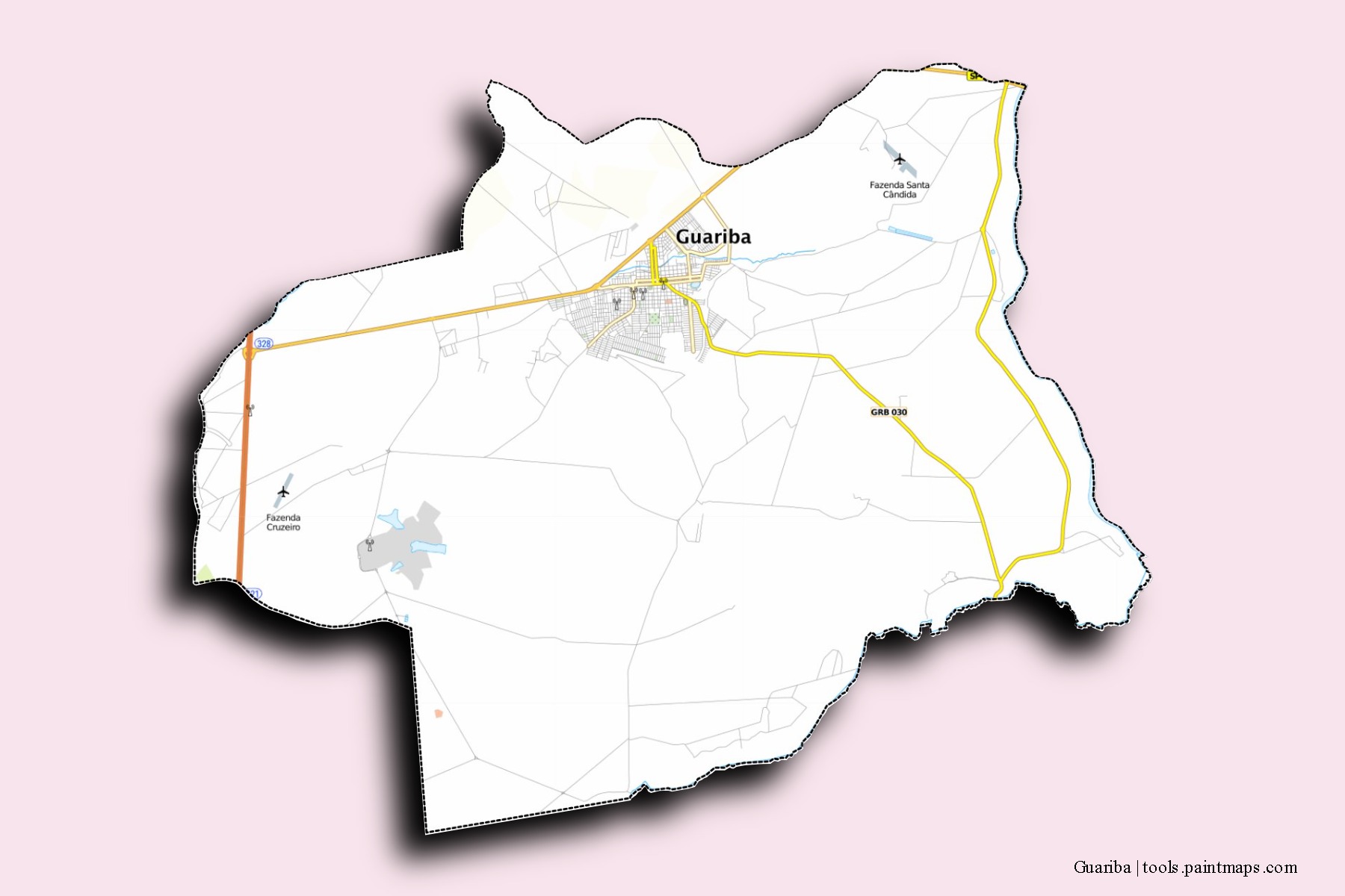 Mapa de barrios y pueblos de Guariba con efecto de sombra 3D