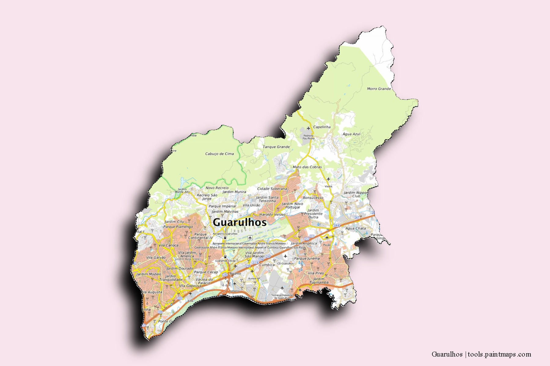 3D gölge efektli Guarulhos mahalleleri ve köyleri haritası