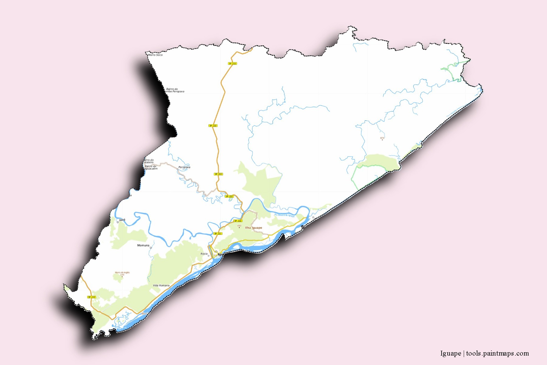 Mapa de barrios y pueblos de Iguape con efecto de sombra 3D