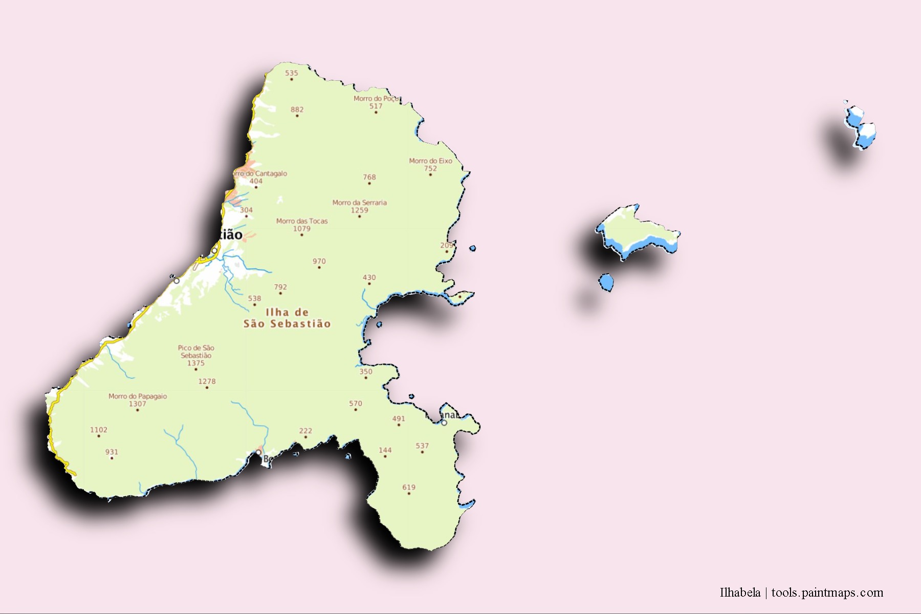 Ilhabela neighborhoods and villages map with 3D shadow effect