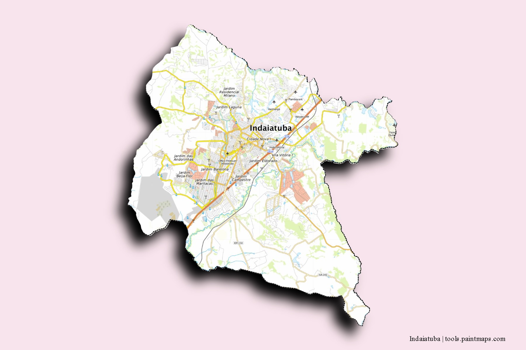 Mapa de barrios y pueblos de Indaiatuba con efecto de sombra 3D