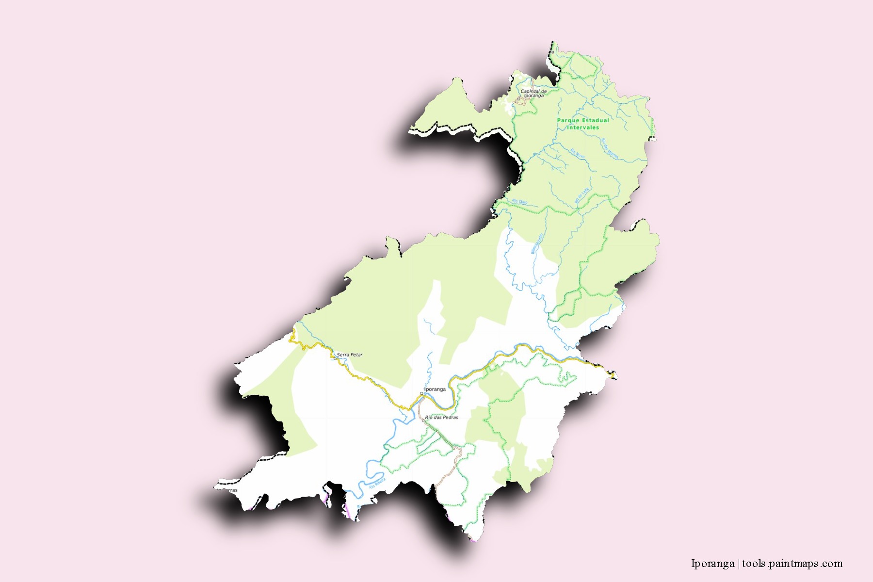 Mapa de barrios y pueblos de Iporanga con efecto de sombra 3D