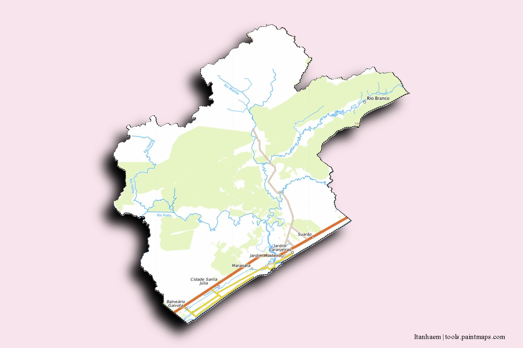 Itanhaem neighborhoods and villages map with 3D shadow effect