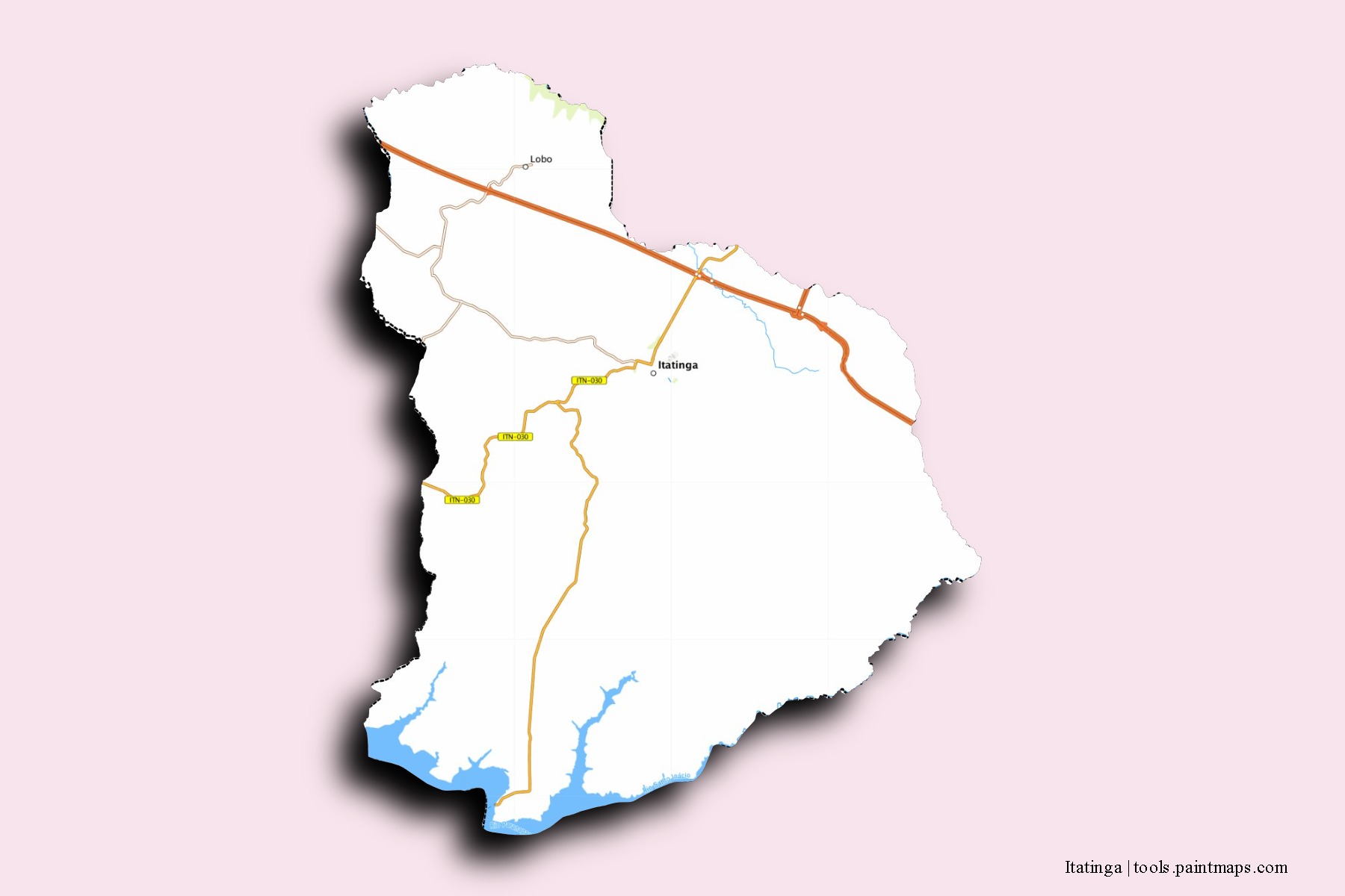 Mapa de barrios y pueblos de Itatinga con efecto de sombra 3D