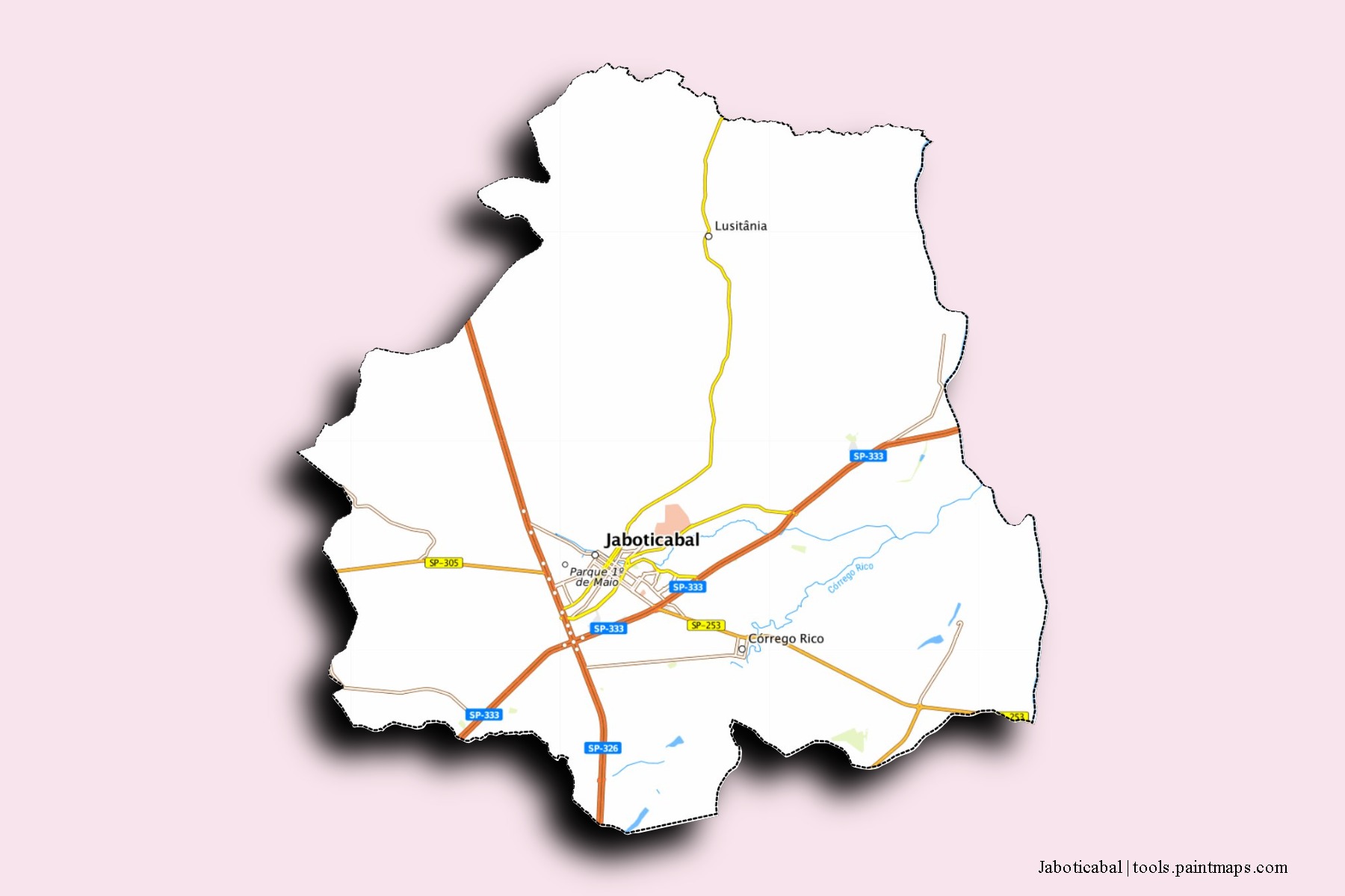 Jaboticabal neighborhoods and villages map with 3D shadow effect