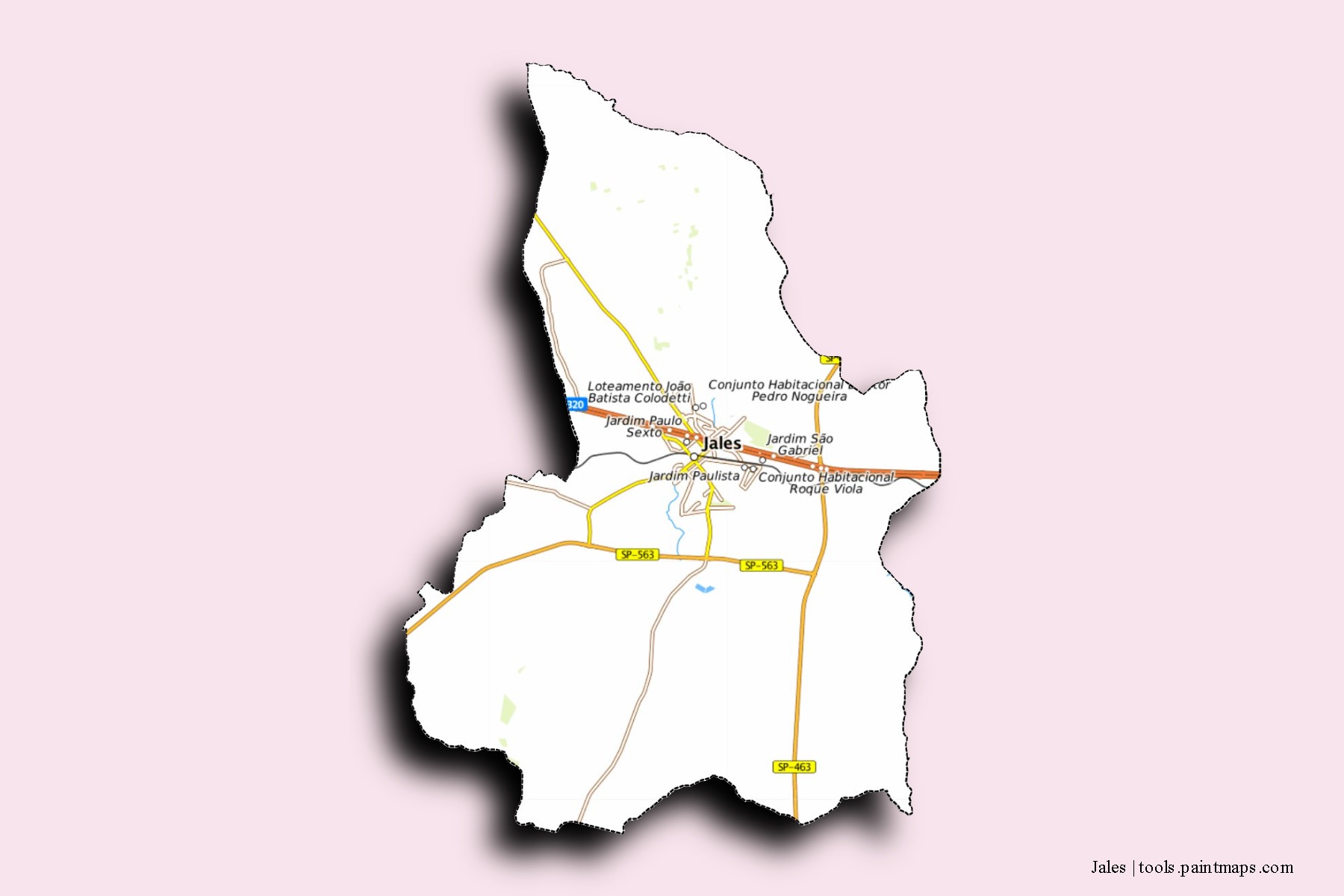 Jales neighborhoods and villages map with 3D shadow effect