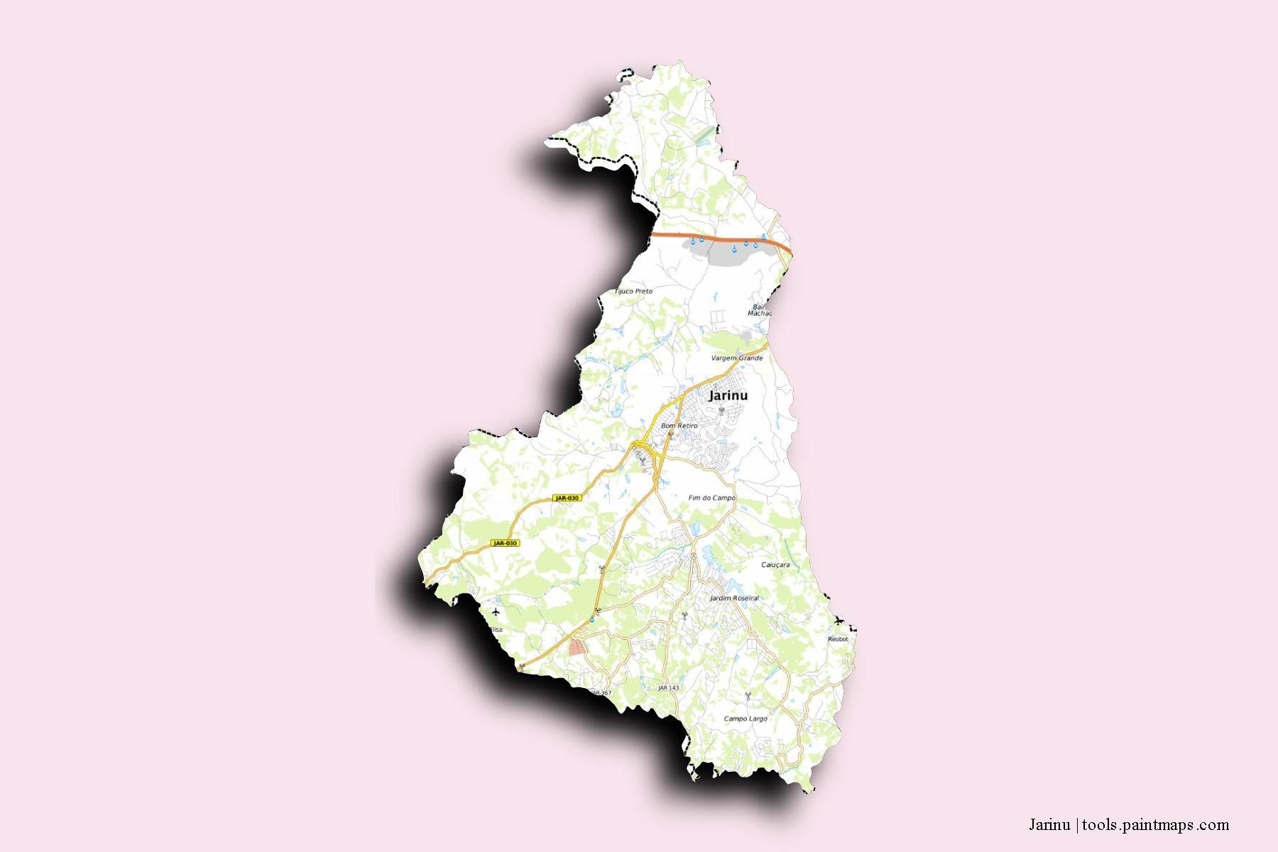 Mapa de barrios y pueblos de Jarinu con efecto de sombra 3D