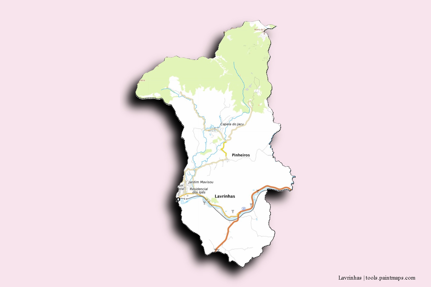 Mapa de barrios y pueblos de Lavrinhas con efecto de sombra 3D