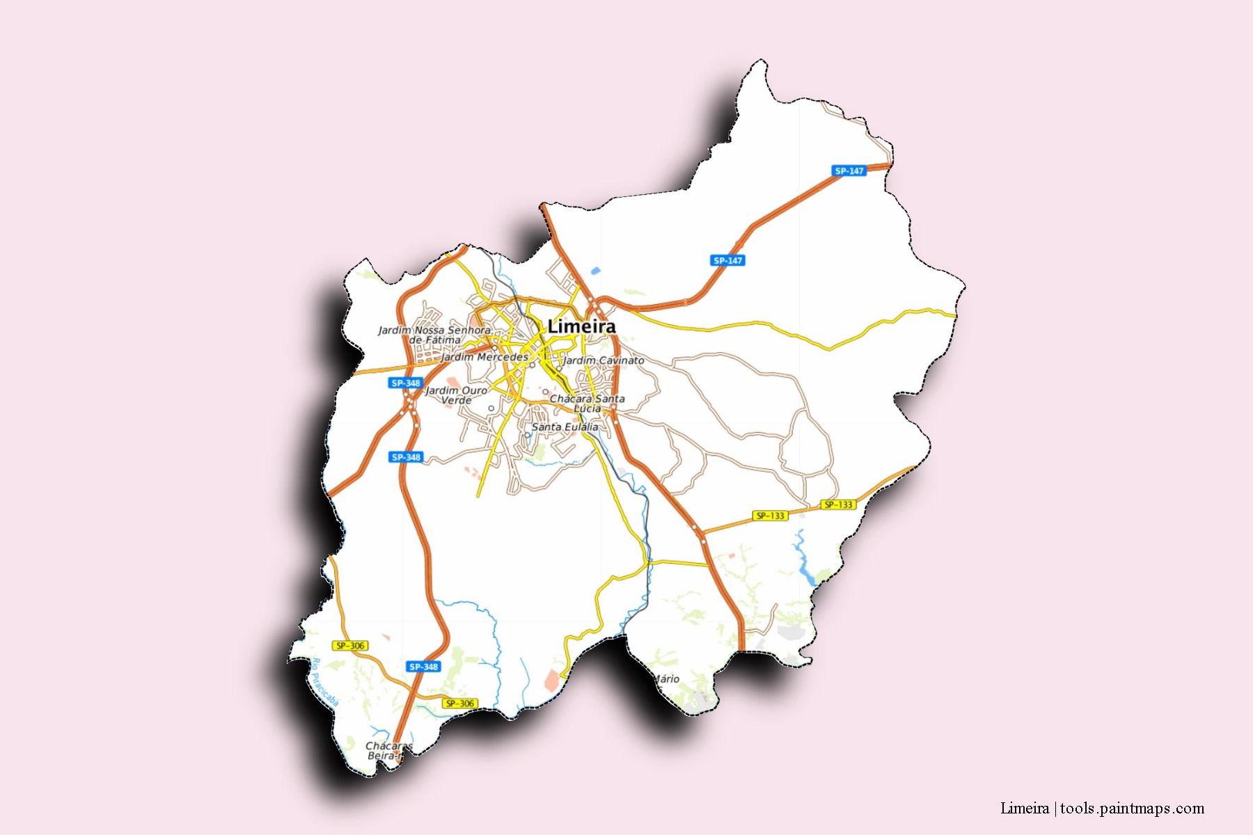 Mapa de barrios y pueblos de Limeira con efecto de sombra 3D