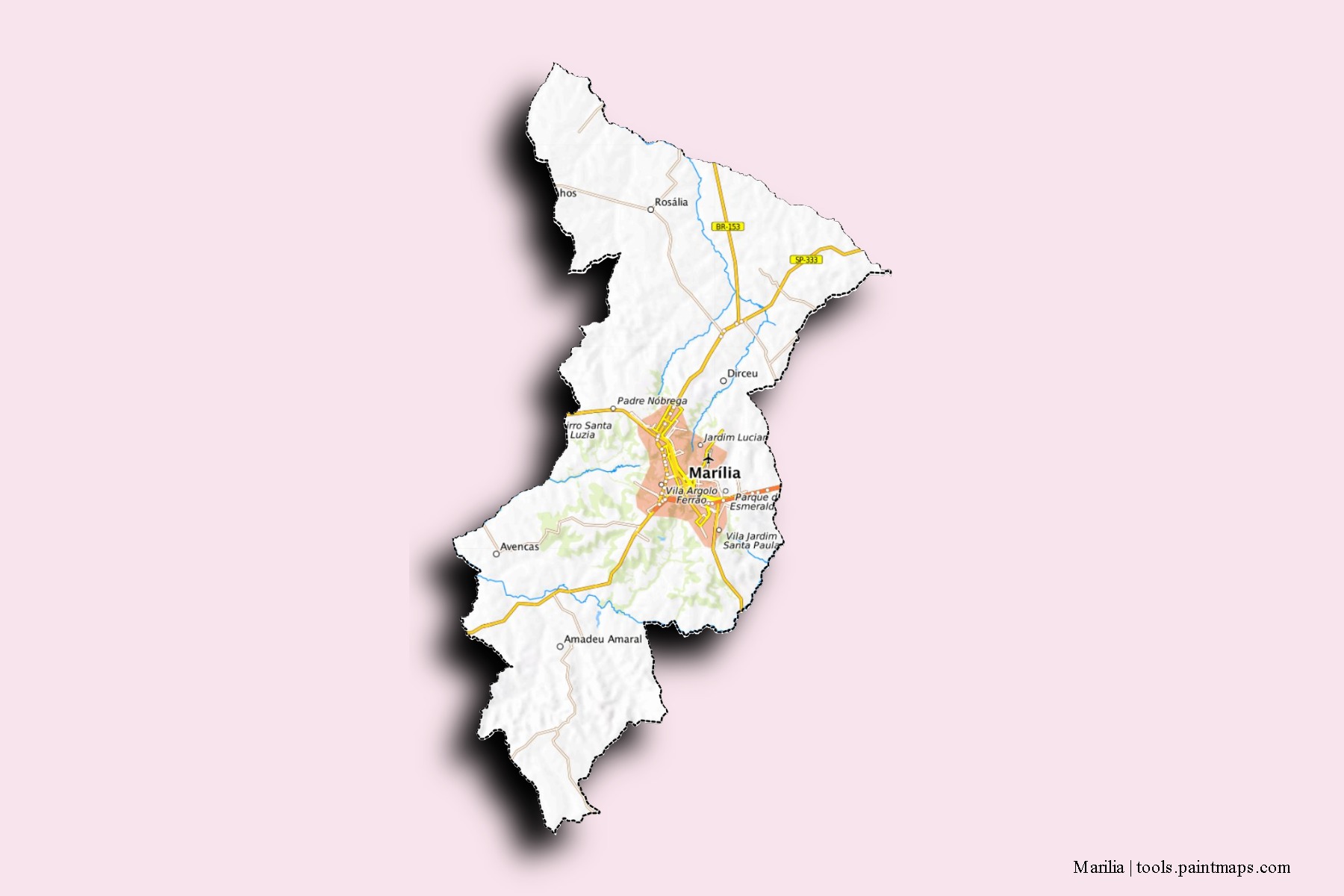 Mapa de barrios y pueblos de Marilia con efecto de sombra 3D