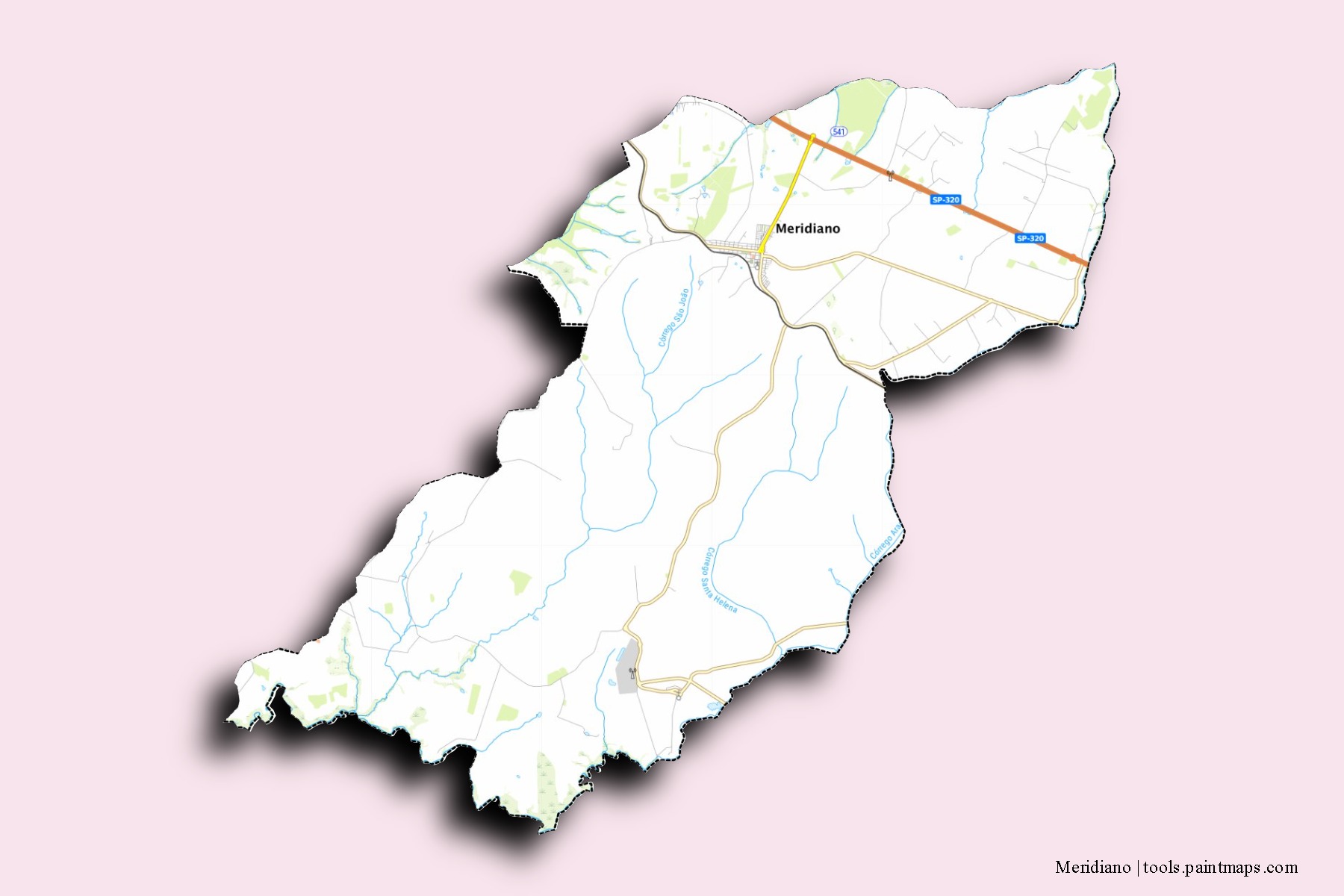 Mapa de barrios y pueblos de Meridiano con efecto de sombra 3D