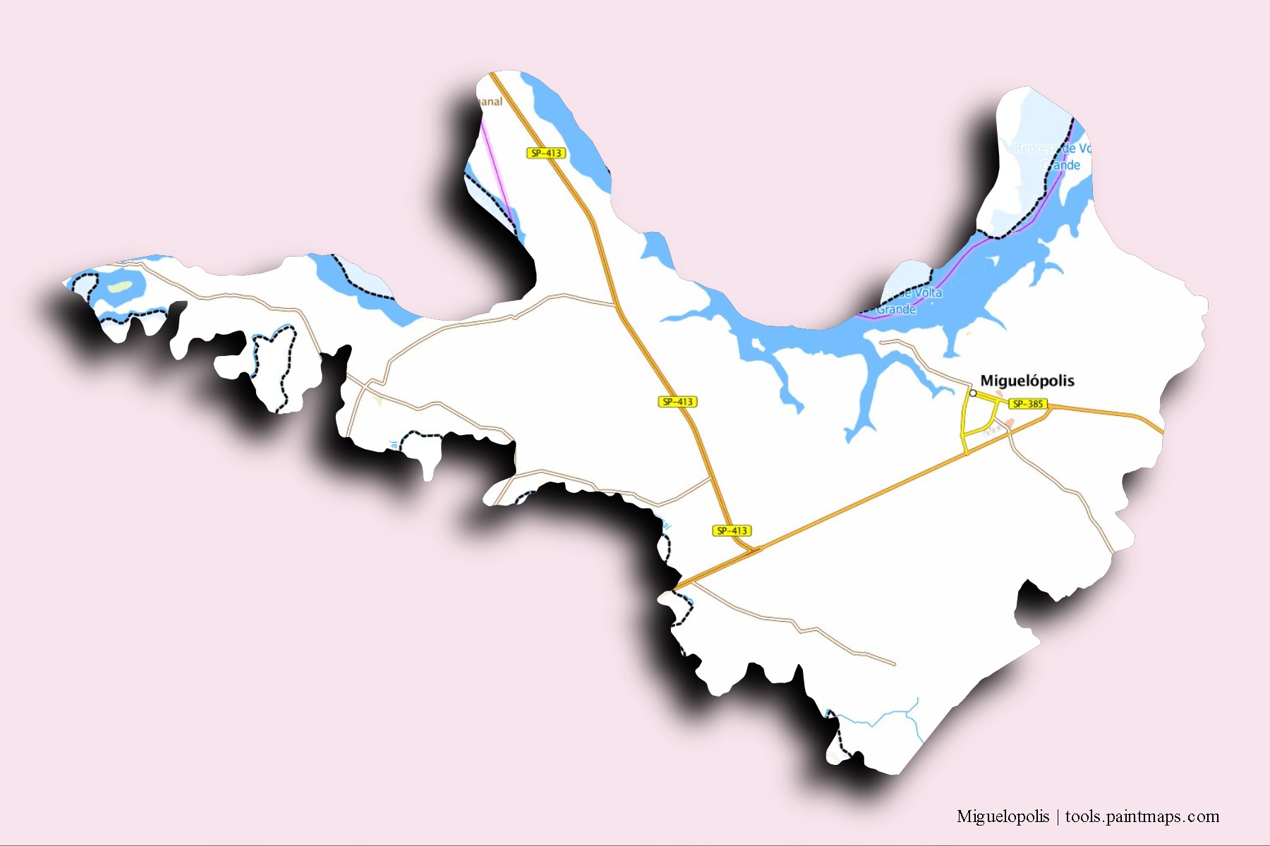 Miguelopolis neighborhoods and villages map with 3D shadow effect