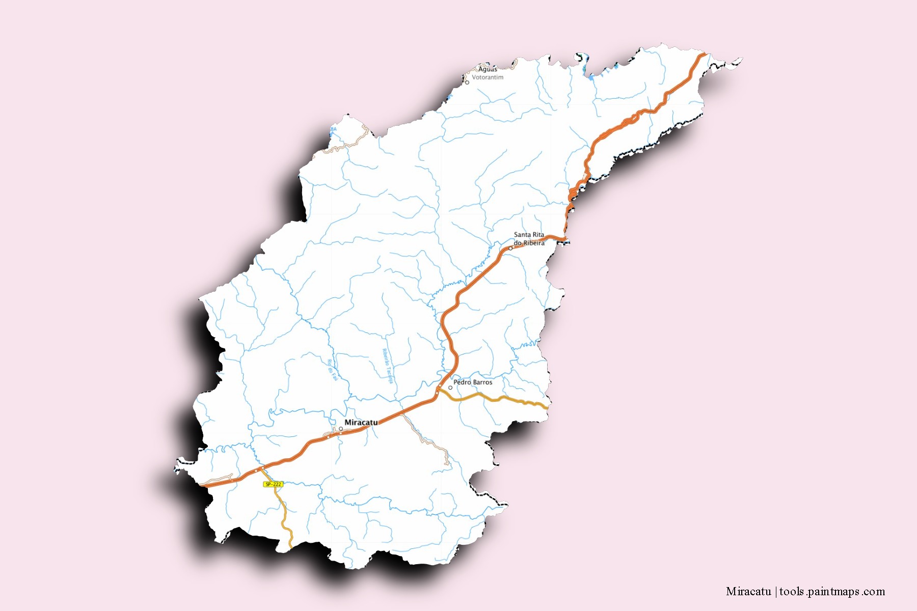 Mapa de barrios y pueblos de Miracatu con efecto de sombra 3D