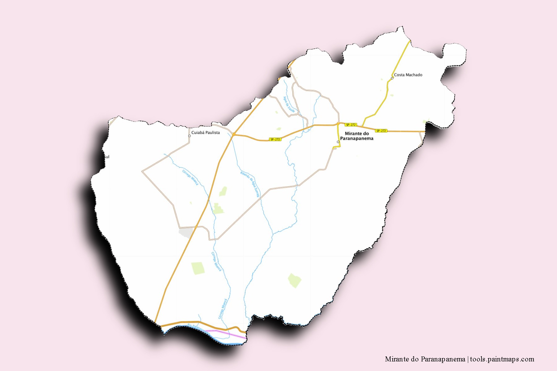 Mapa de barrios y pueblos de Mirante do Paranapanema con efecto de sombra 3D