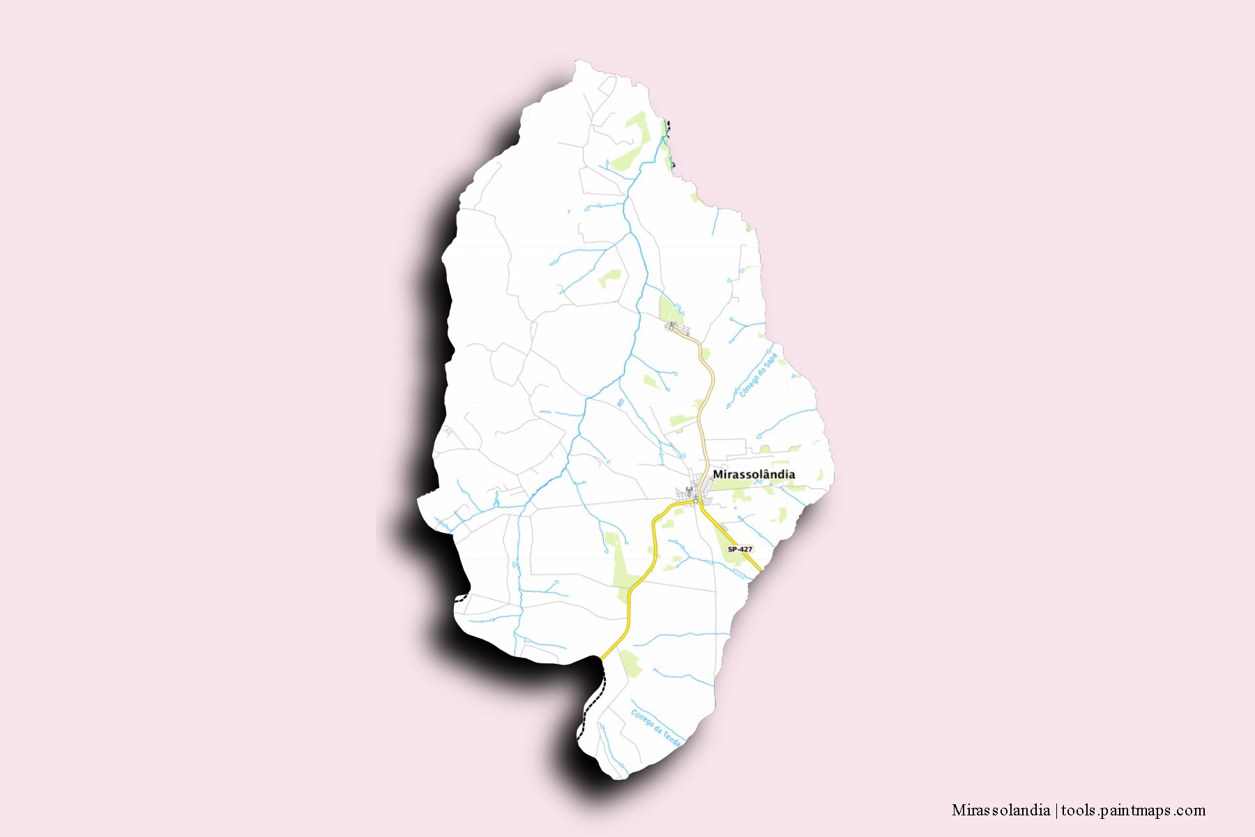 Mapa de barrios y pueblos de Mirassolandia con efecto de sombra 3D