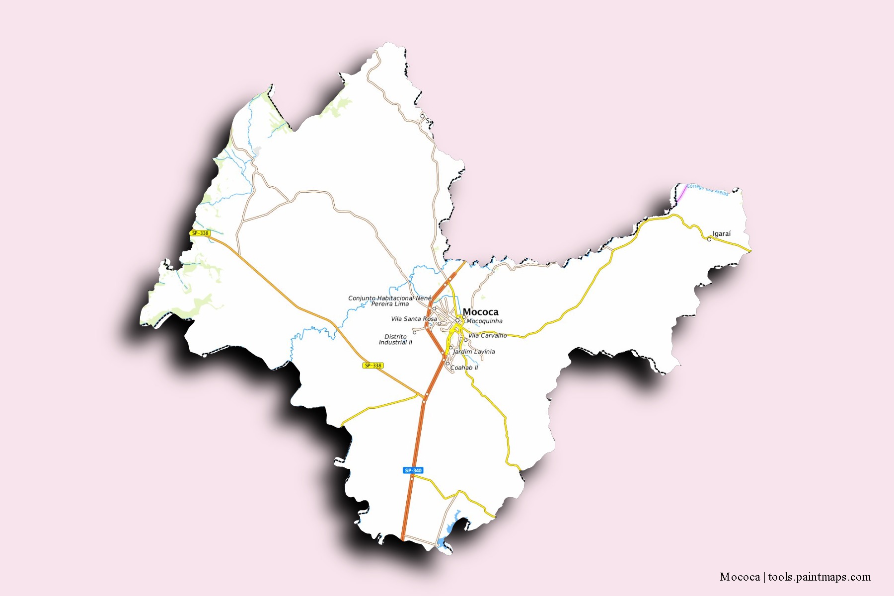 Mococa neighborhoods and villages map with 3D shadow effect