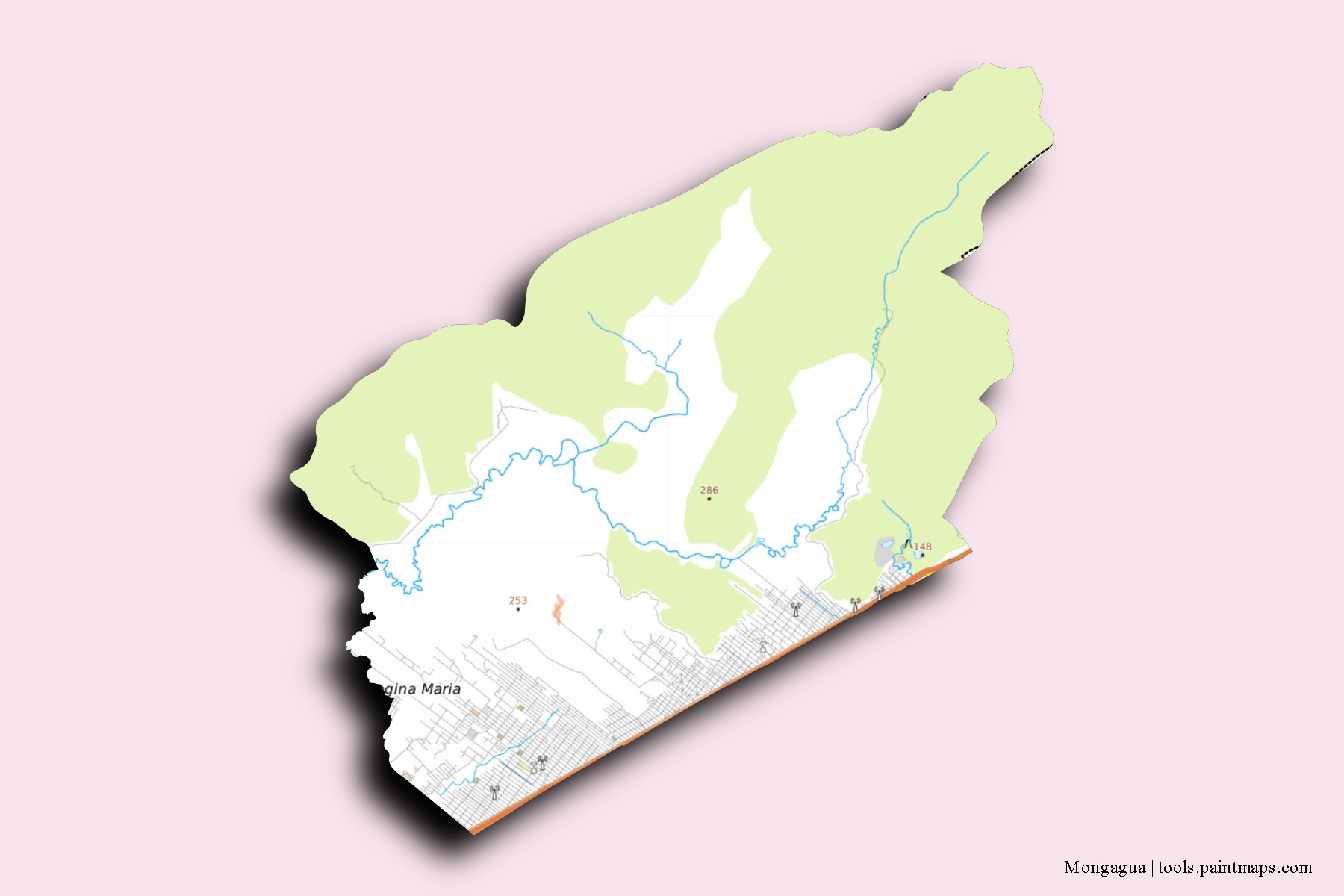 Mapa de barrios y pueblos de Mongagua con efecto de sombra 3D