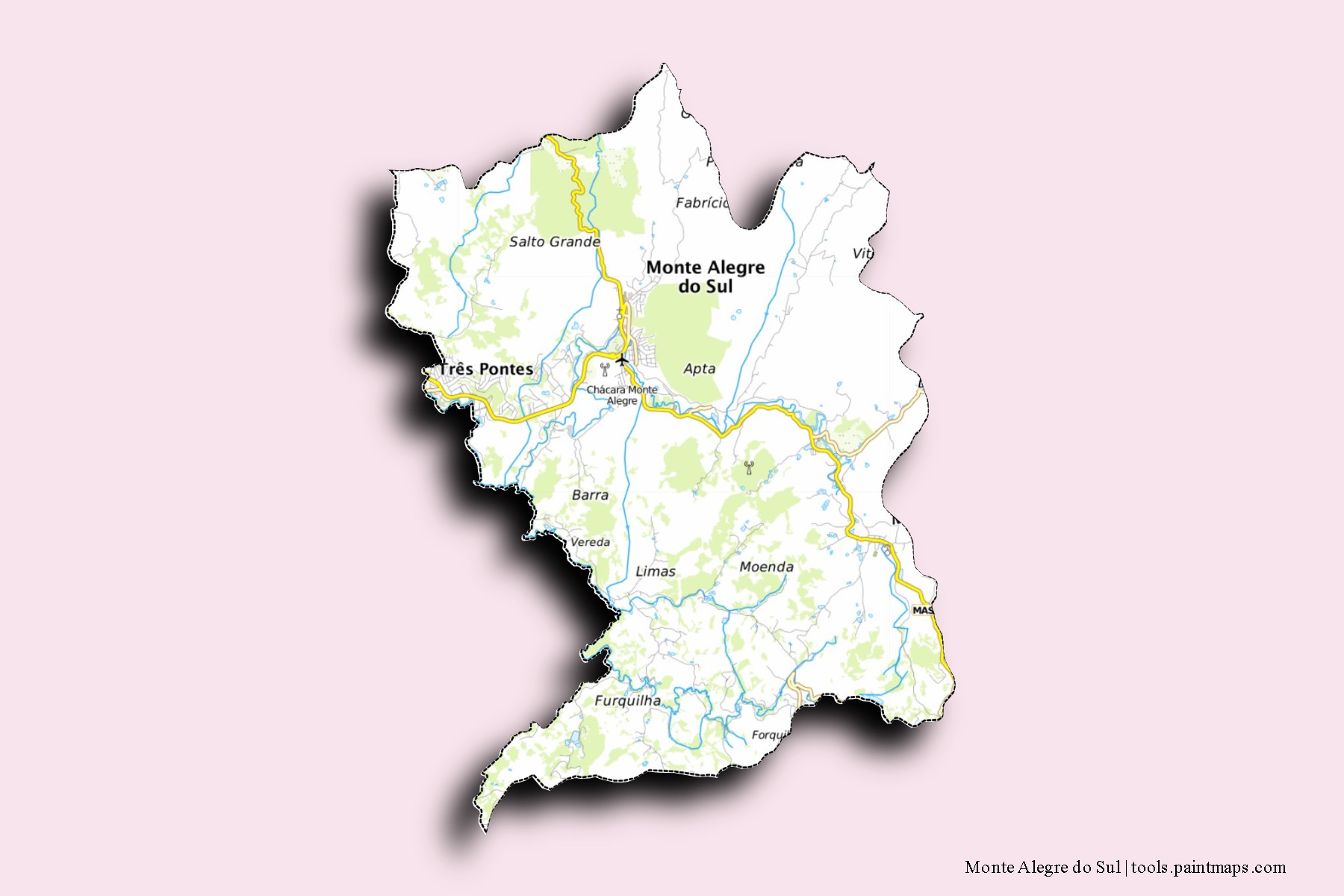 3D gölge efektli Monte Alegre do Sul mahalleleri ve köyleri haritası