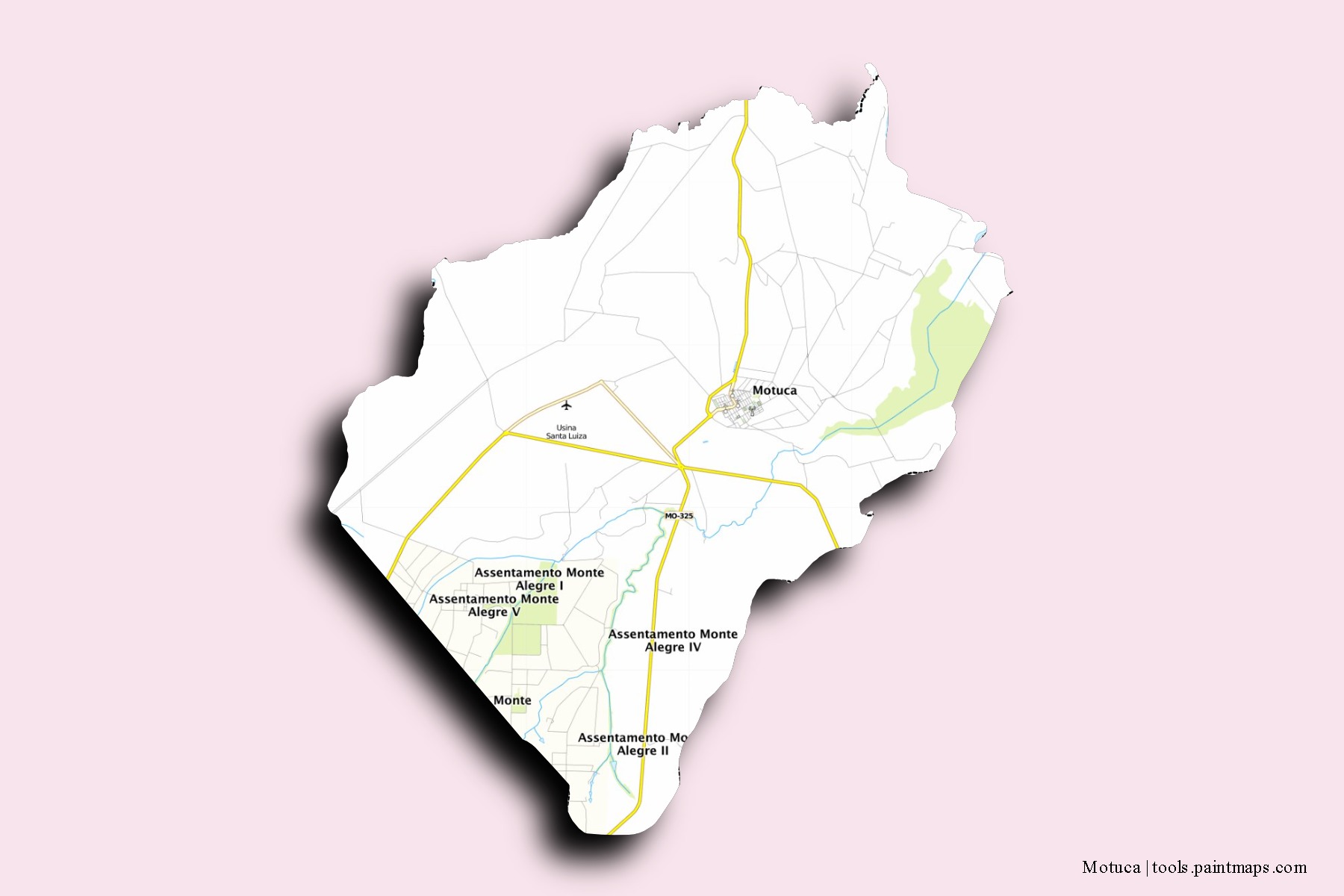 Mapa de barrios y pueblos de Motuca con efecto de sombra 3D