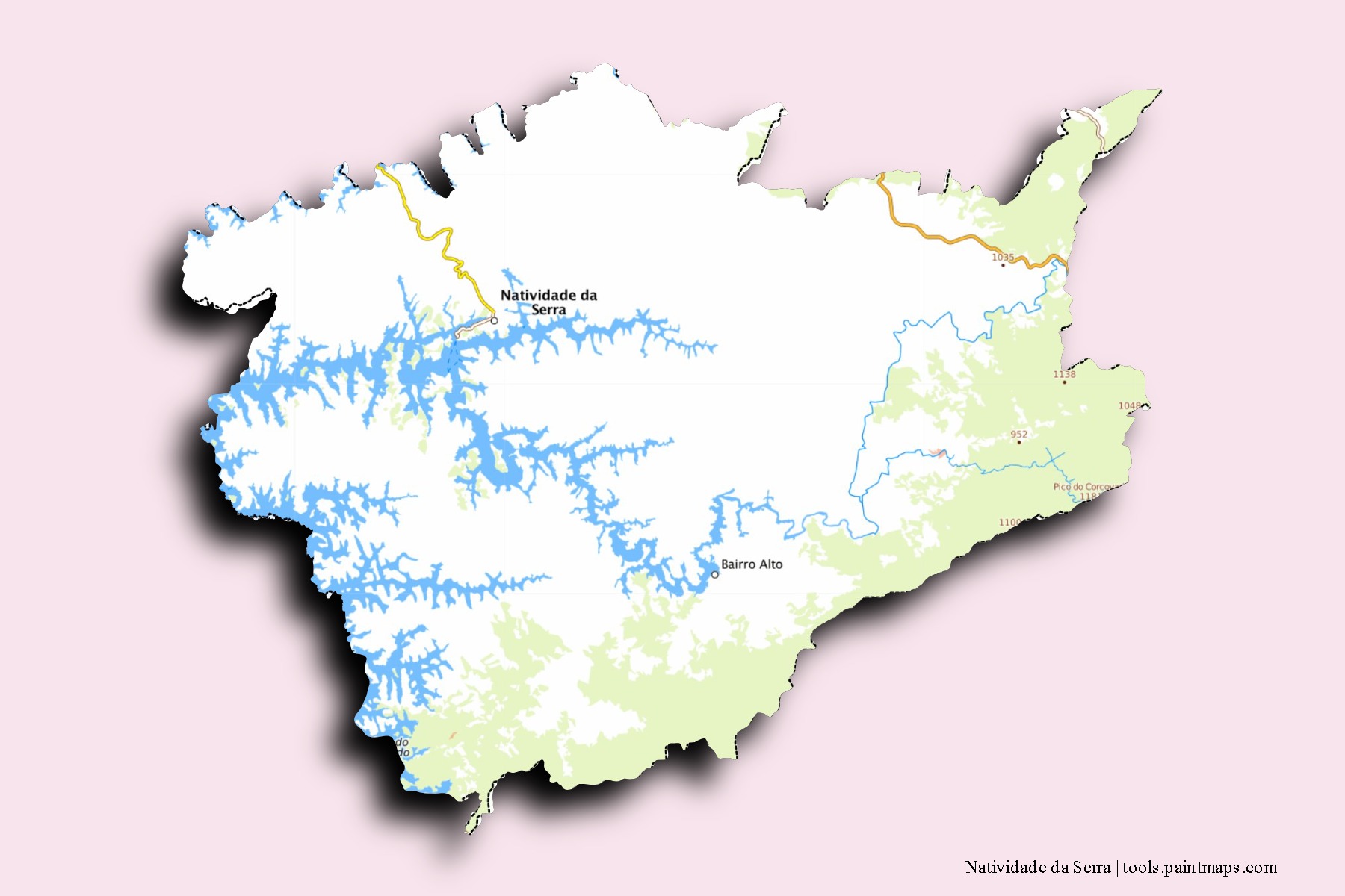 Mapa de barrios y pueblos de Natividade da Serra con efecto de sombra 3D