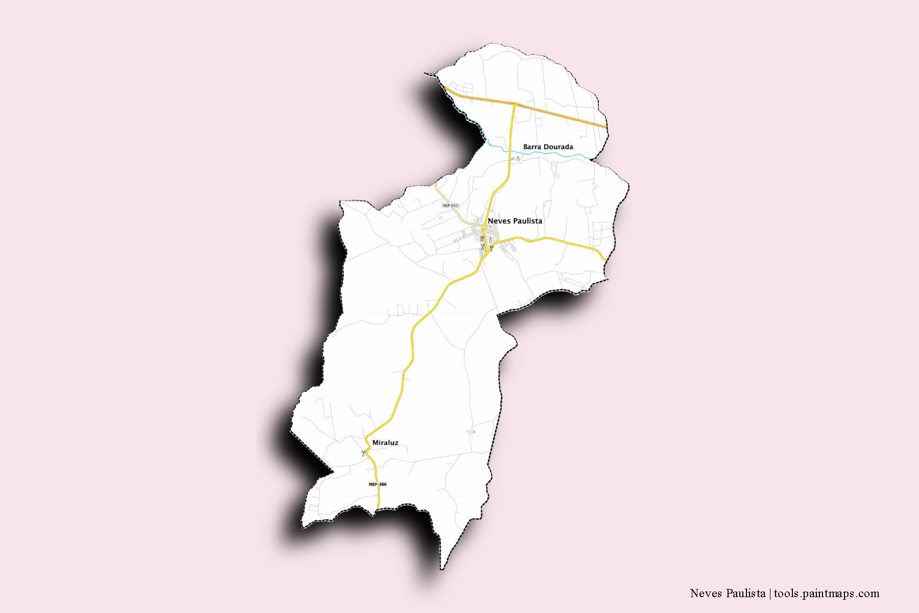 Mapa de barrios y pueblos de Neves Paulista con efecto de sombra 3D