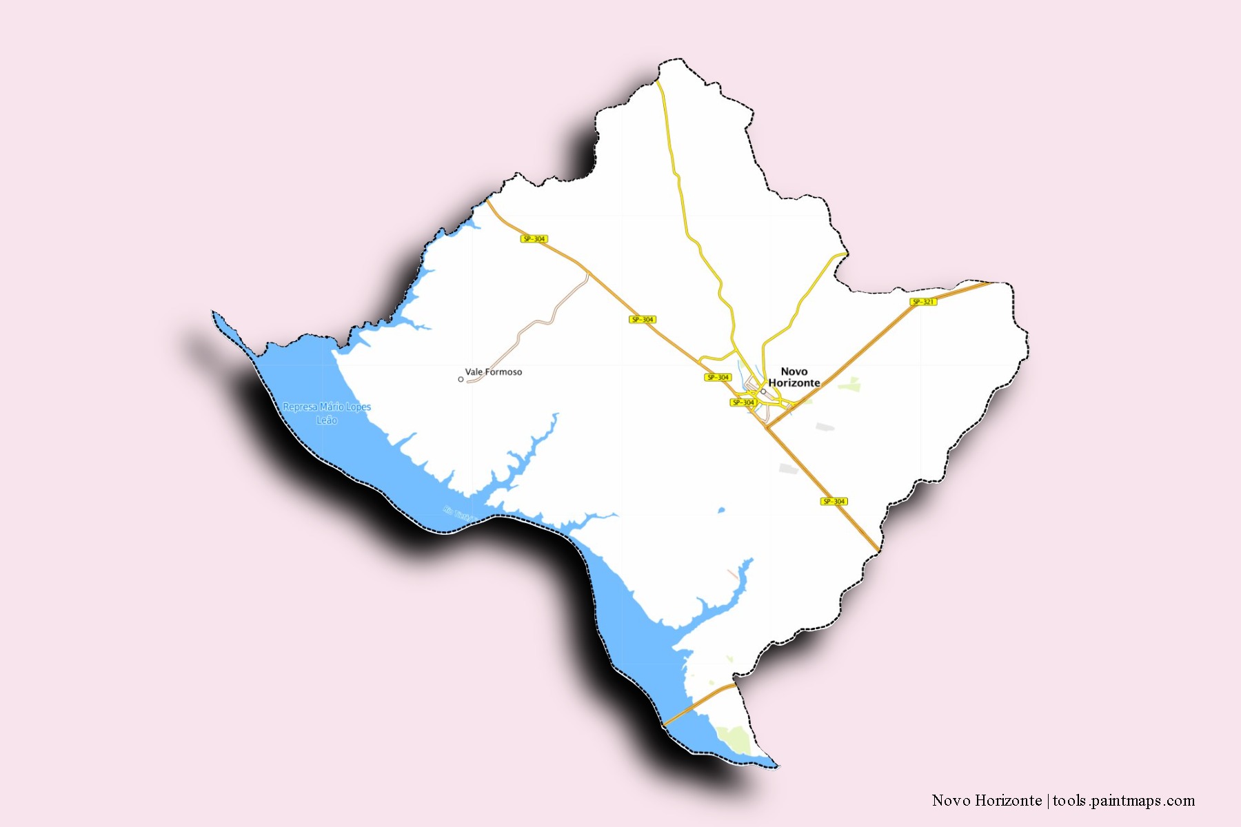 Mapa de barrios y pueblos de Novo Horizonte con efecto de sombra 3D