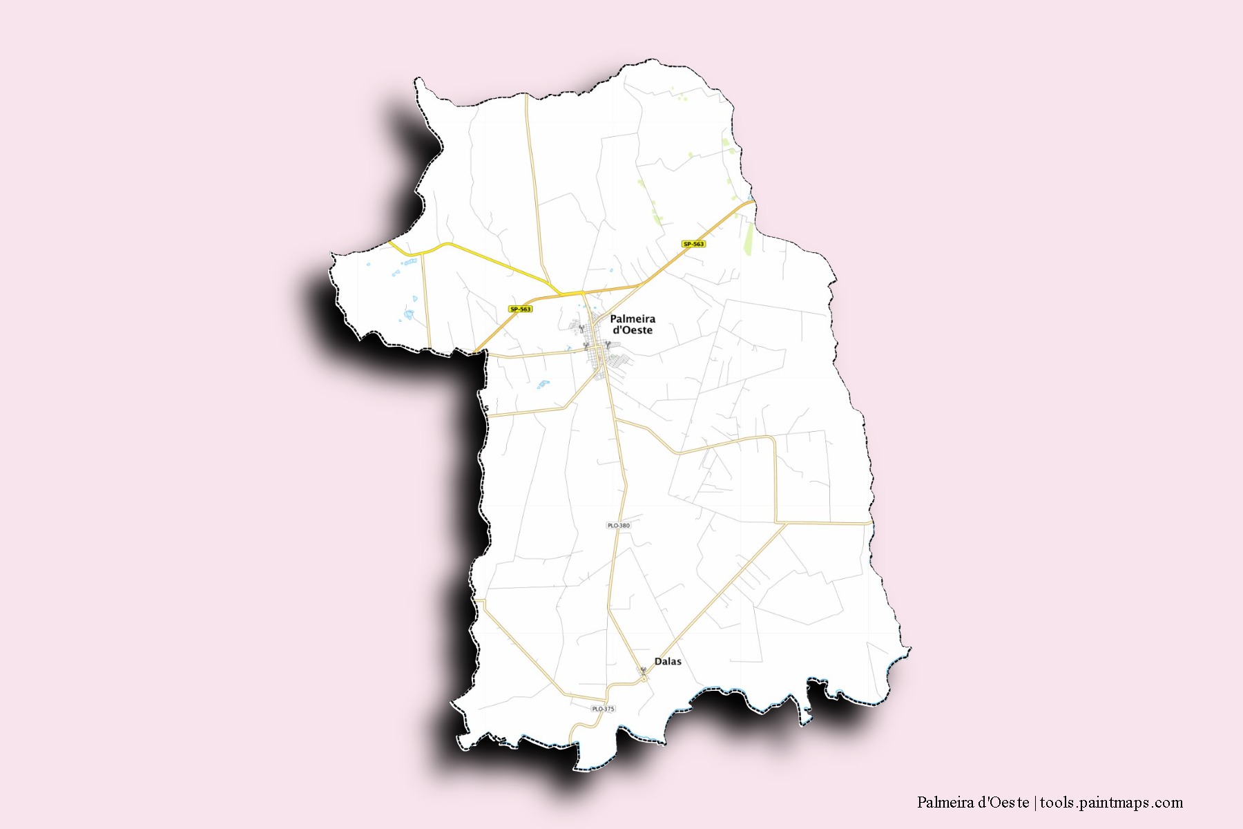 Mapa de barrios y pueblos de Palmeira d'Oeste con efecto de sombra 3D