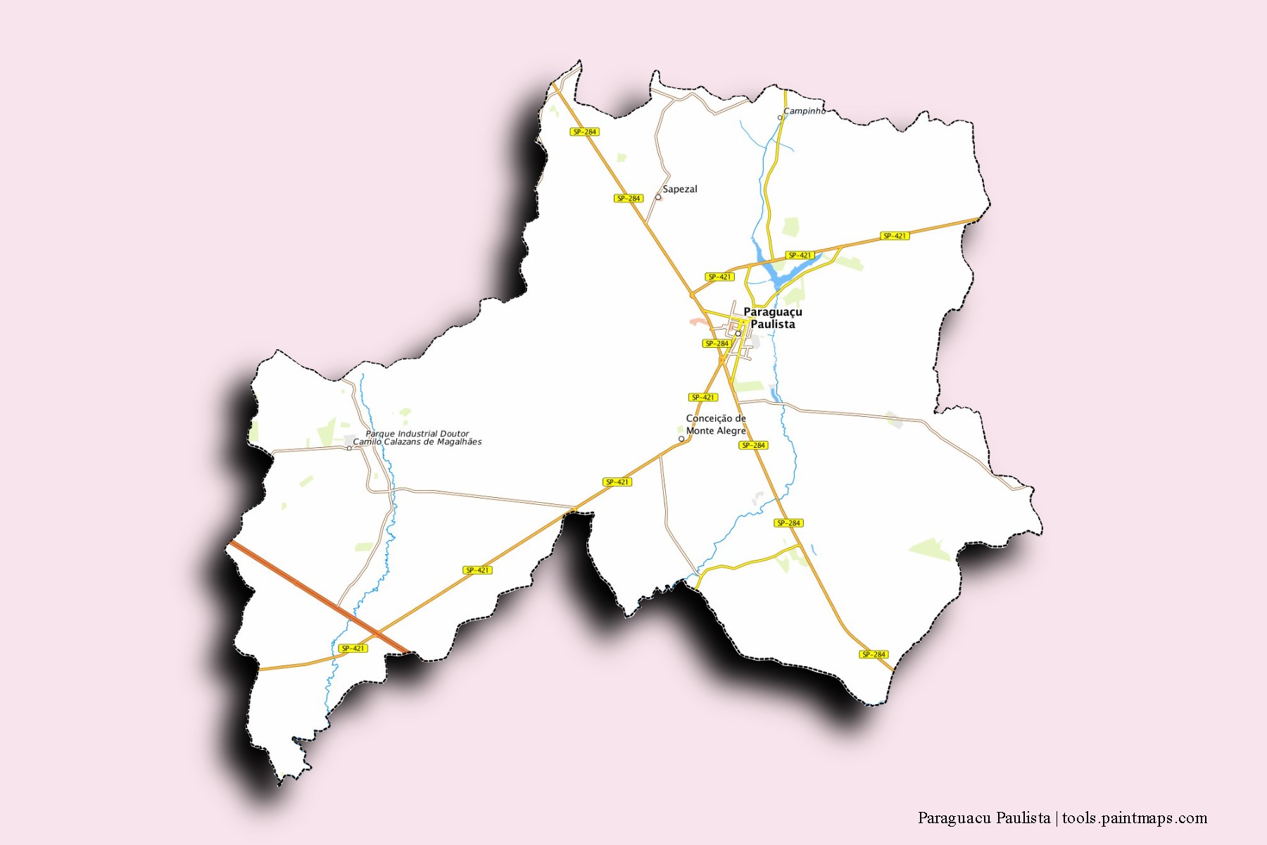 Paraguacu Paulista neighborhoods and villages map with 3D shadow effect