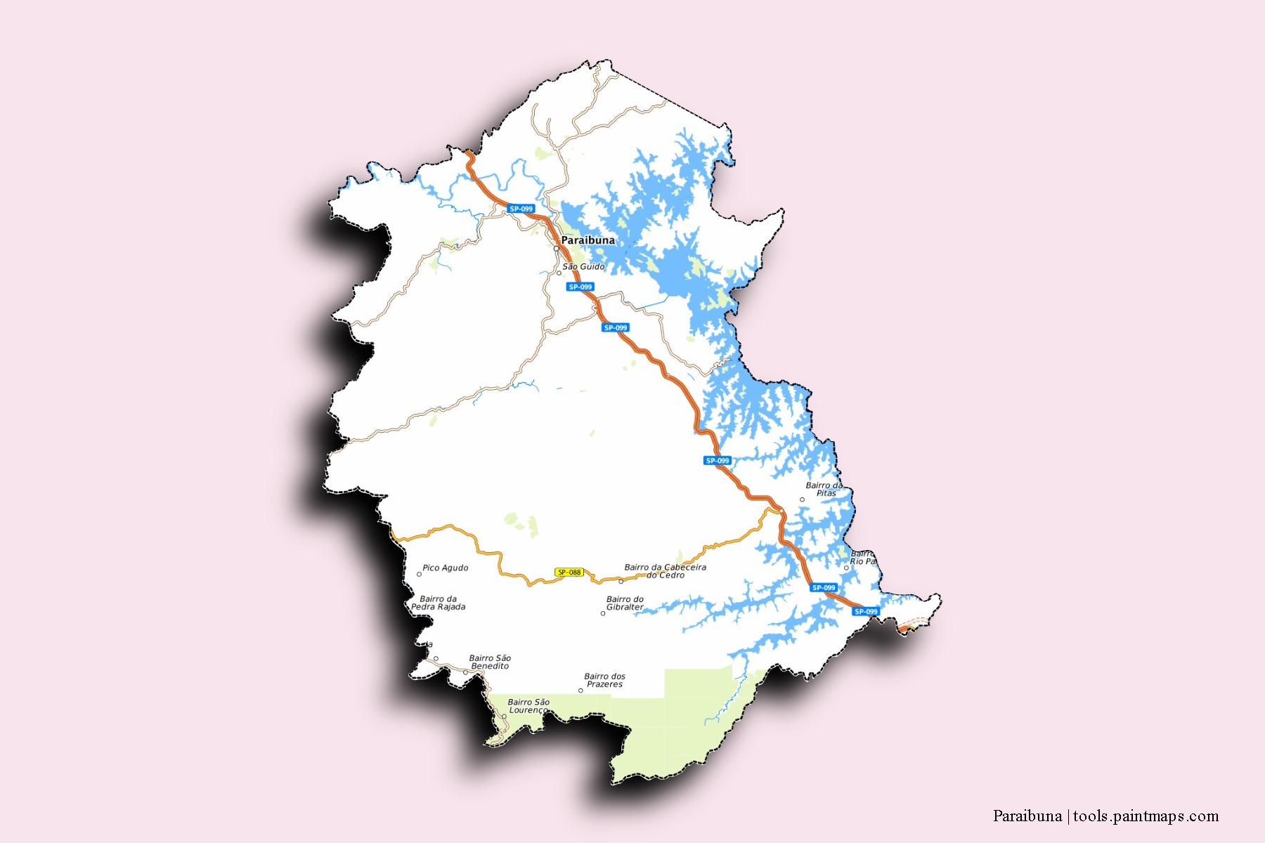 Paraibuna neighborhoods and villages map with 3D shadow effect