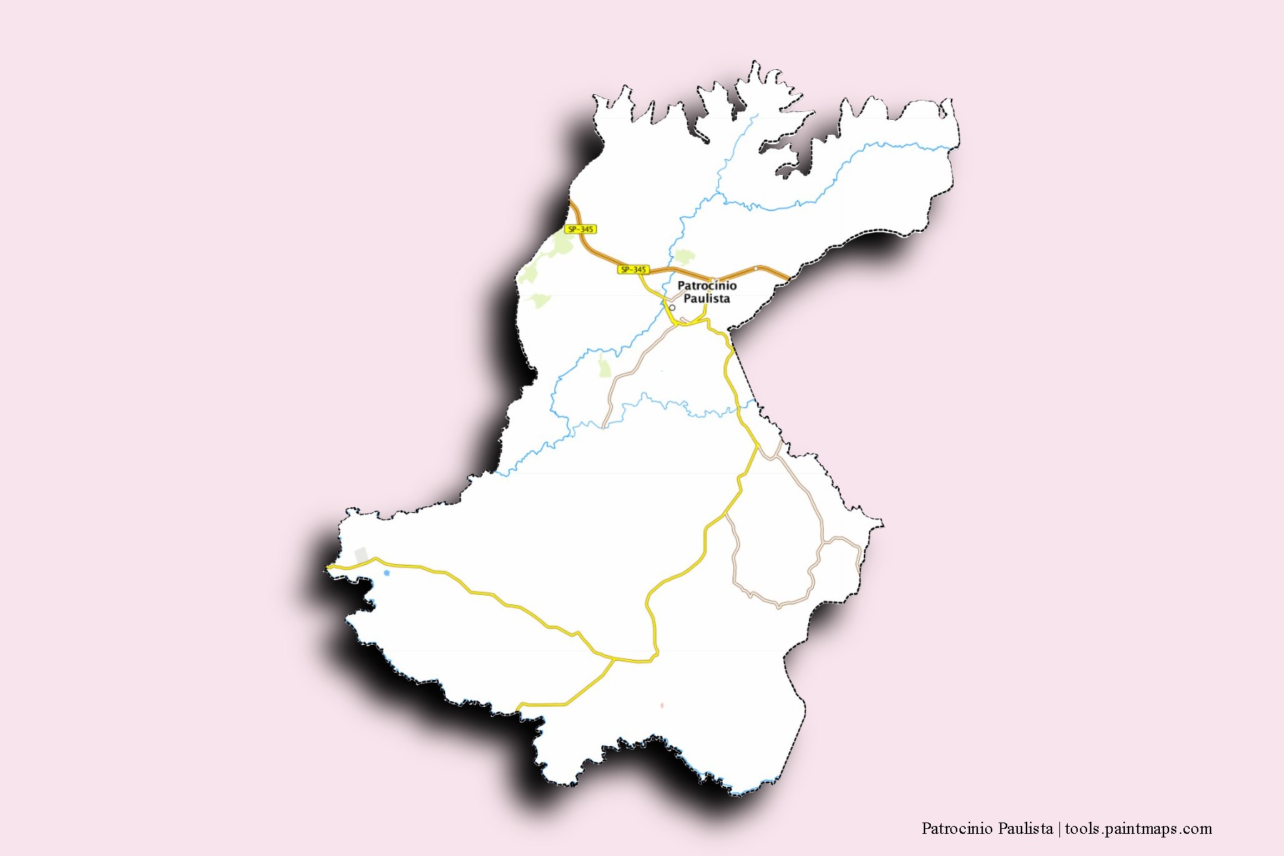 Mapa de barrios y pueblos de Patrocinio Paulista con efecto de sombra 3D