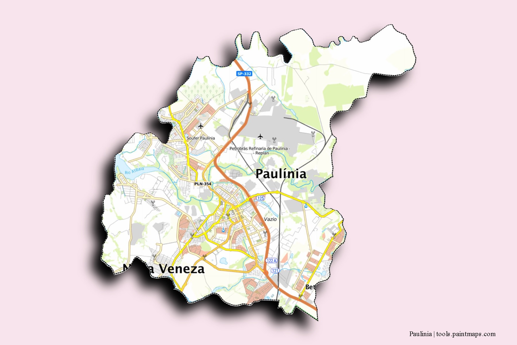 Mapa de barrios y pueblos de Paulinia con efecto de sombra 3D