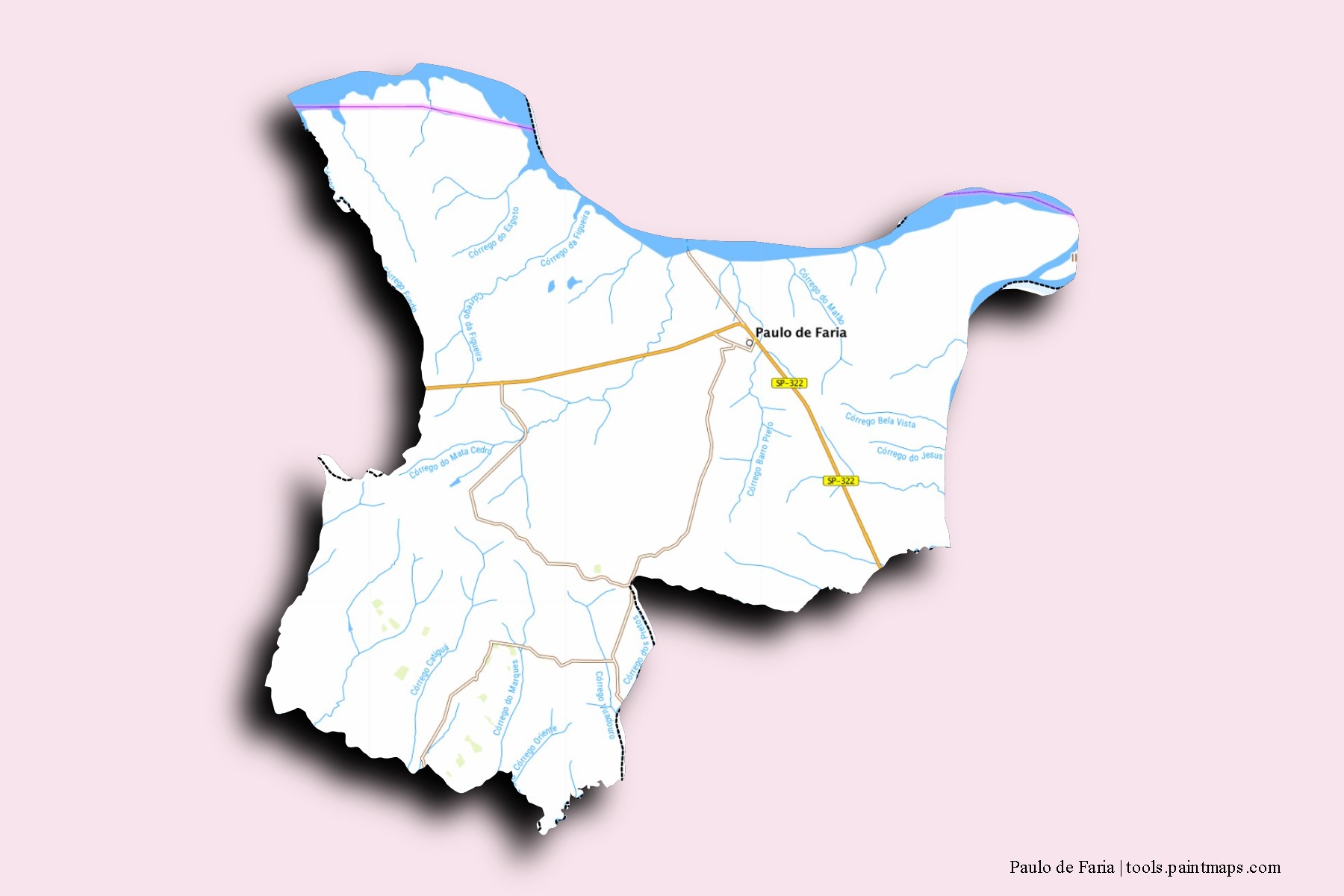 Mapa de barrios y pueblos de Paulo de Faria con efecto de sombra 3D