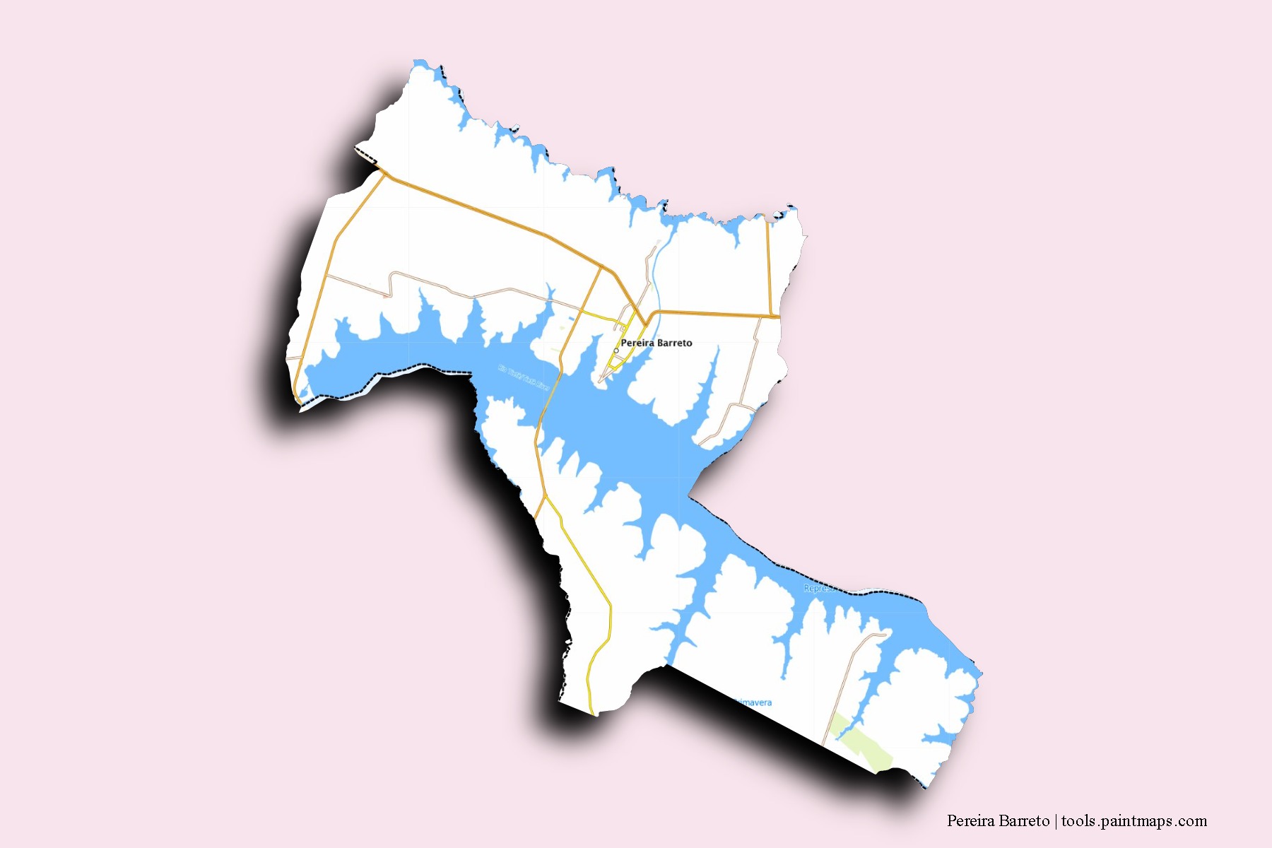 Mapa de barrios y pueblos de Pereira Barreto con efecto de sombra 3D