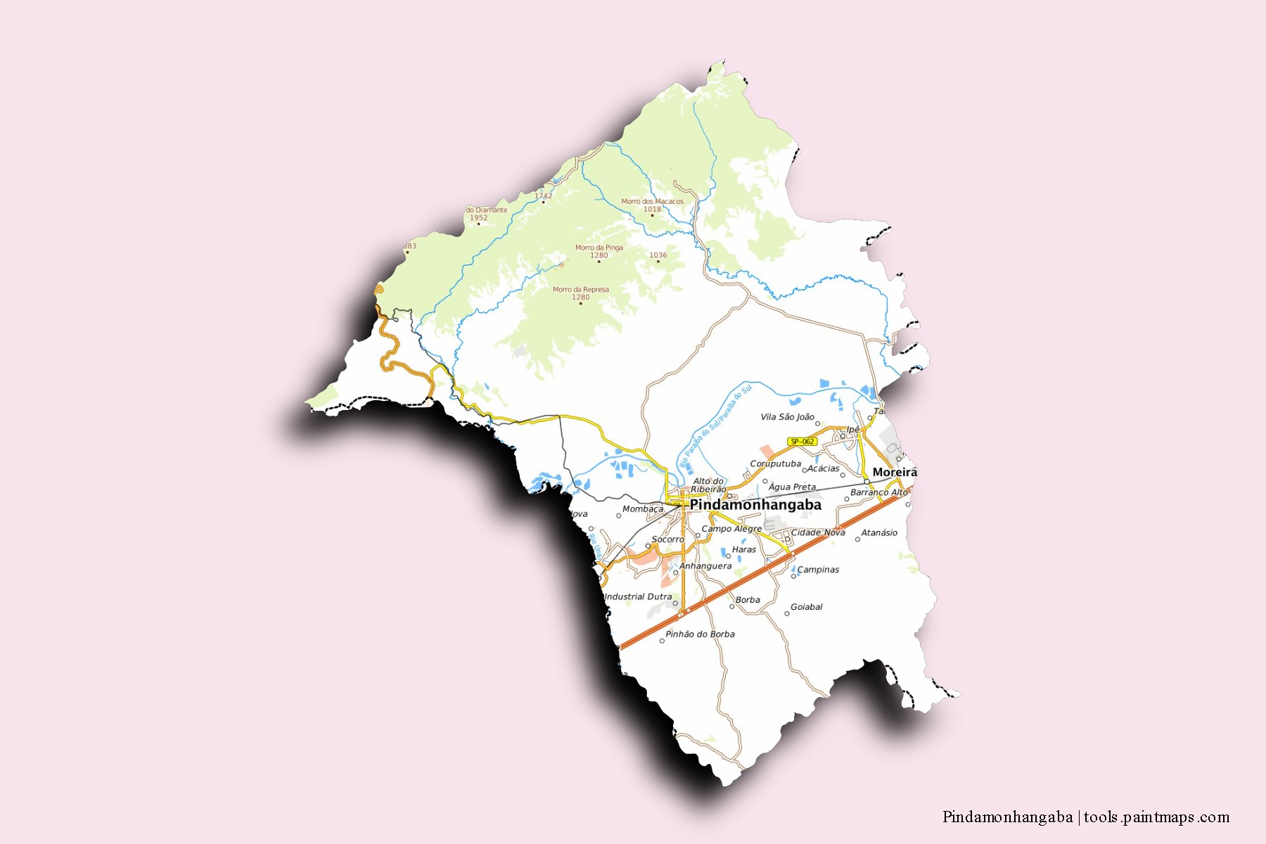 Pindamonhangaba neighborhoods and villages map with 3D shadow effect