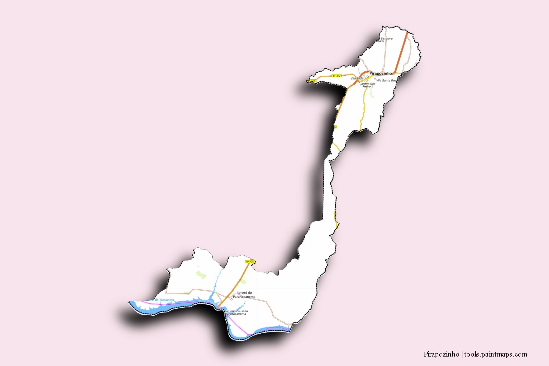 Mapa de barrios y pueblos de Pirapozinho con efecto de sombra 3D