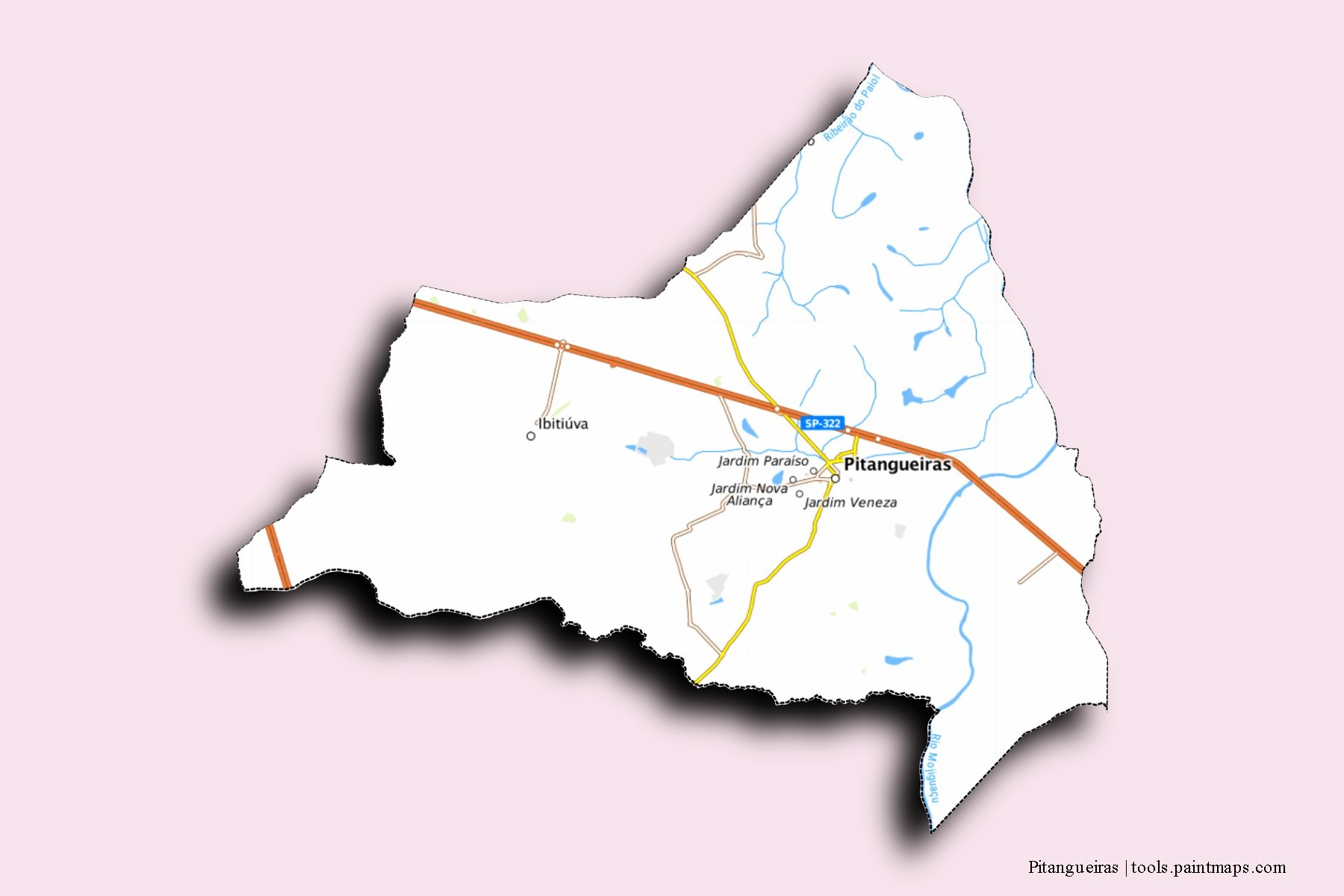 Mapa de barrios y pueblos de Pitangueiras con efecto de sombra 3D