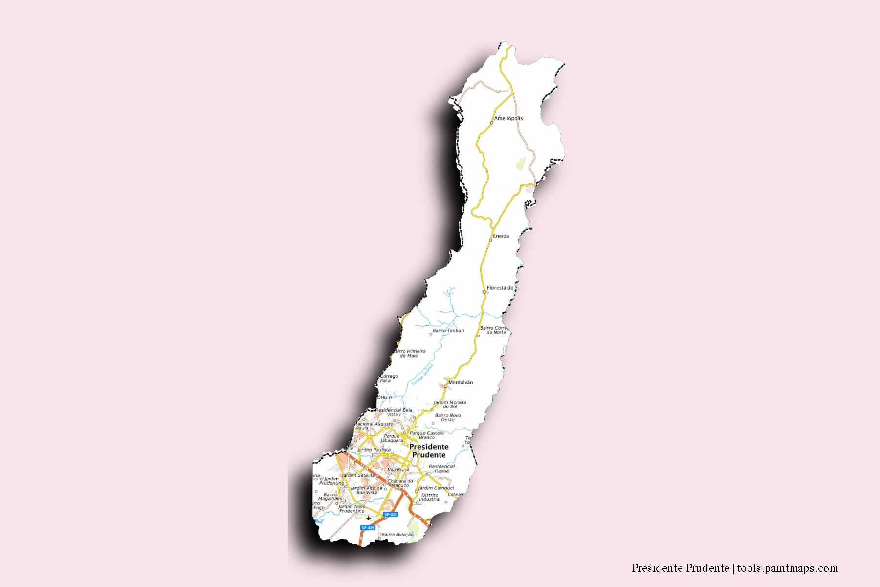 Mapa de barrios y pueblos de Presidente Prudente con efecto de sombra 3D