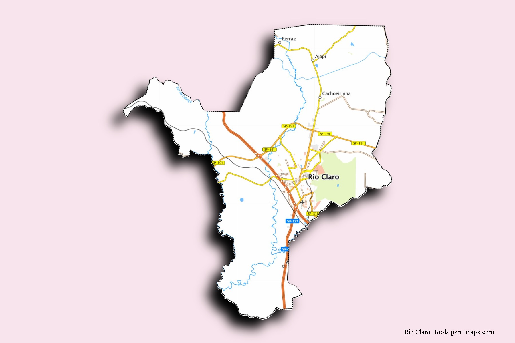 Mapa de barrios y pueblos de Rio Claro con efecto de sombra 3D