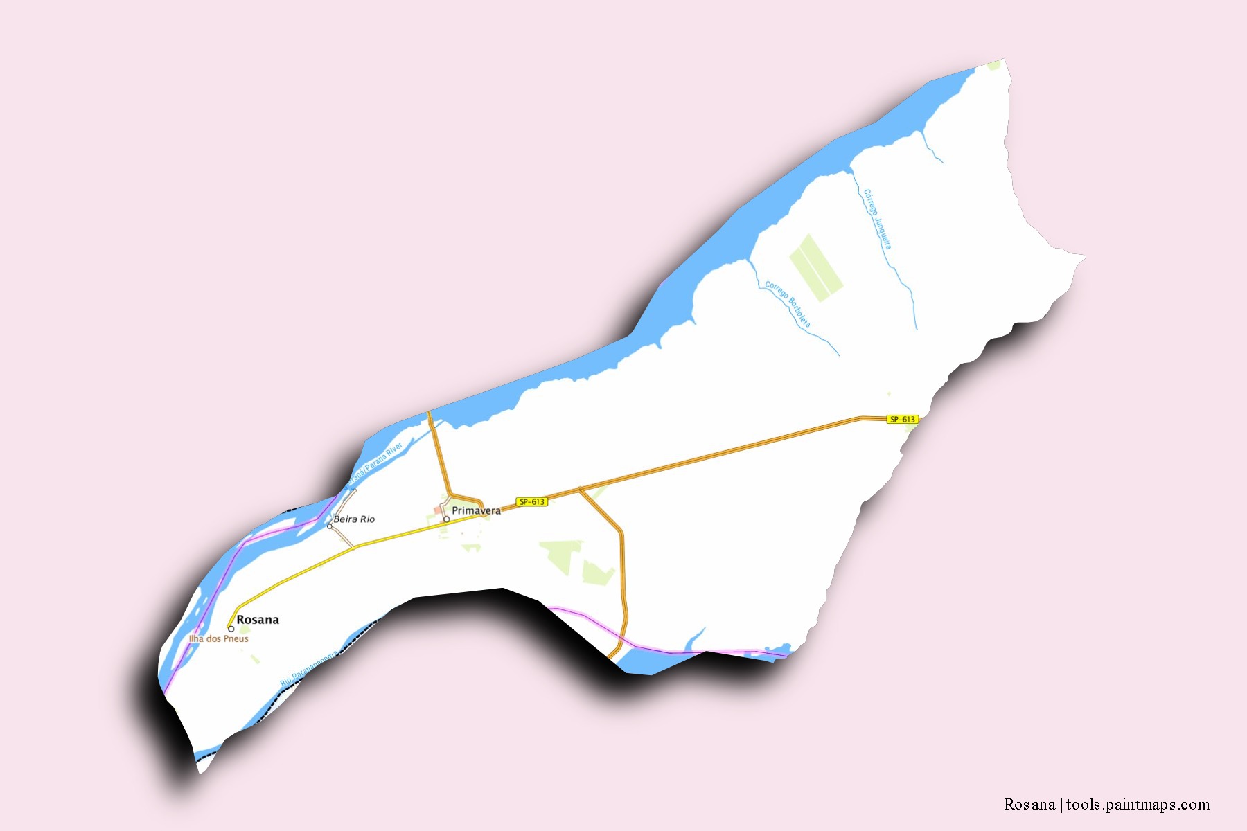 Rosana neighborhoods and villages map with 3D shadow effect