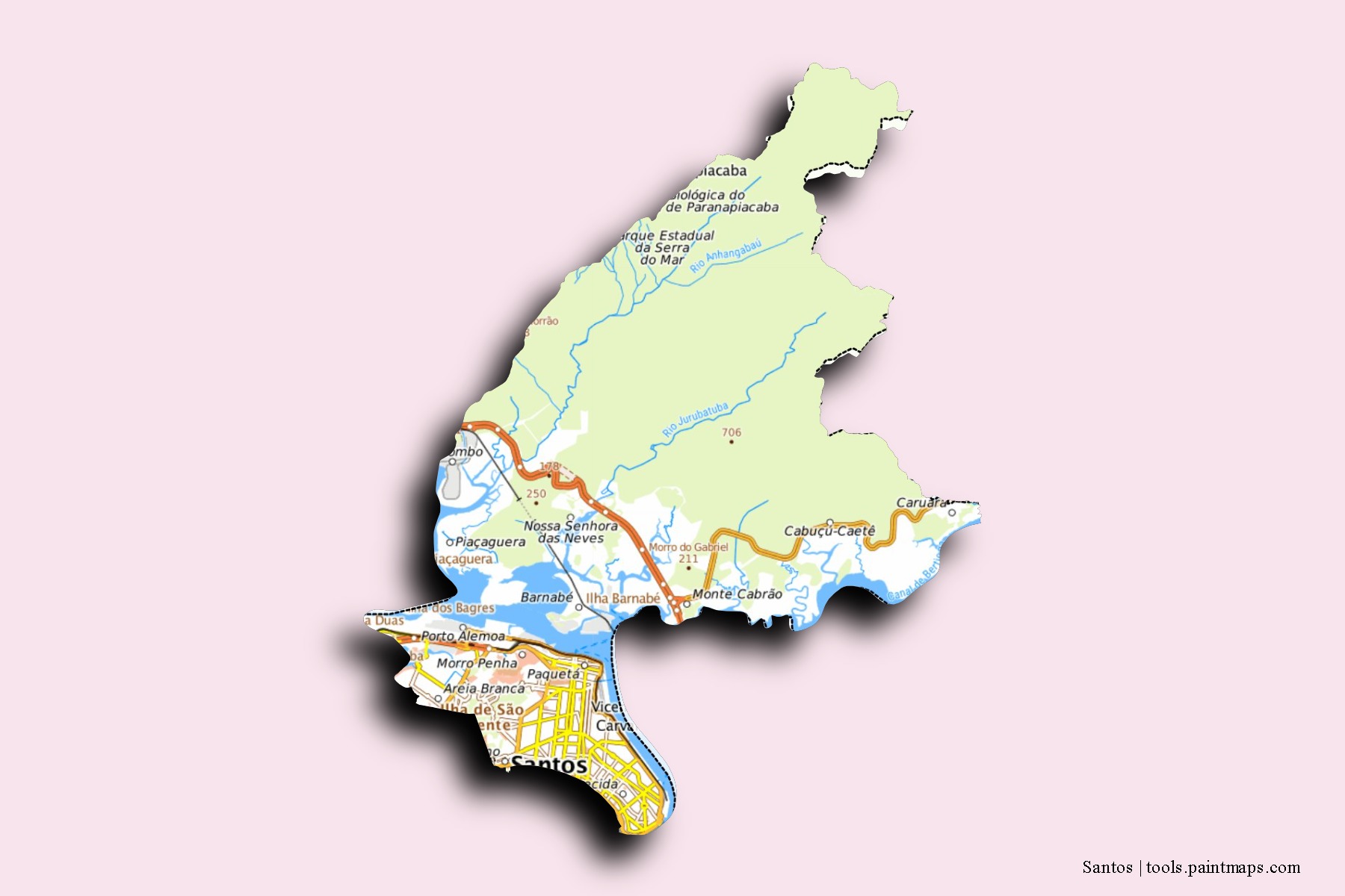 Santos neighborhoods and villages map with 3D shadow effect