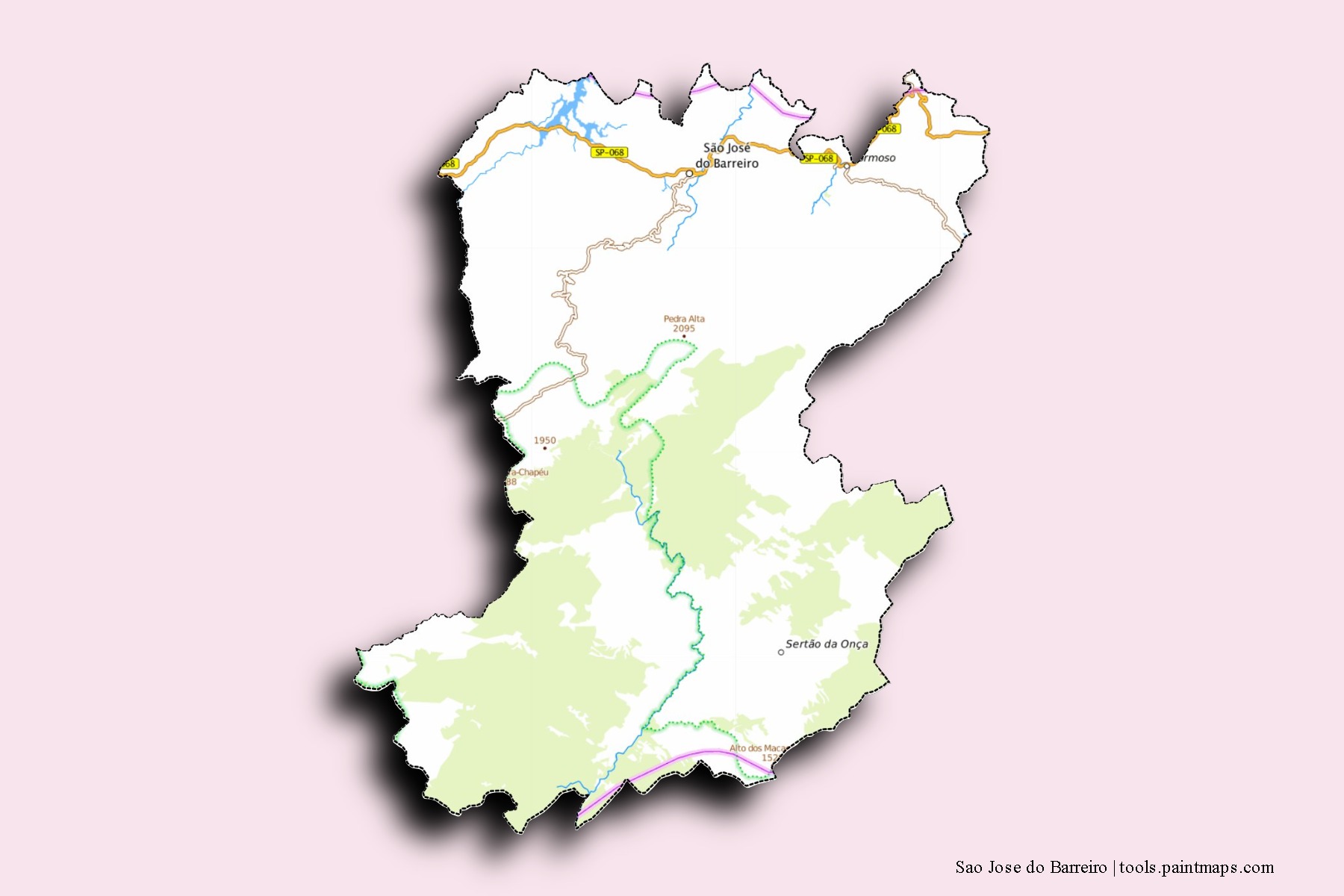 Mapa de barrios y pueblos de Sao Jose do Barreiro con efecto de sombra 3D