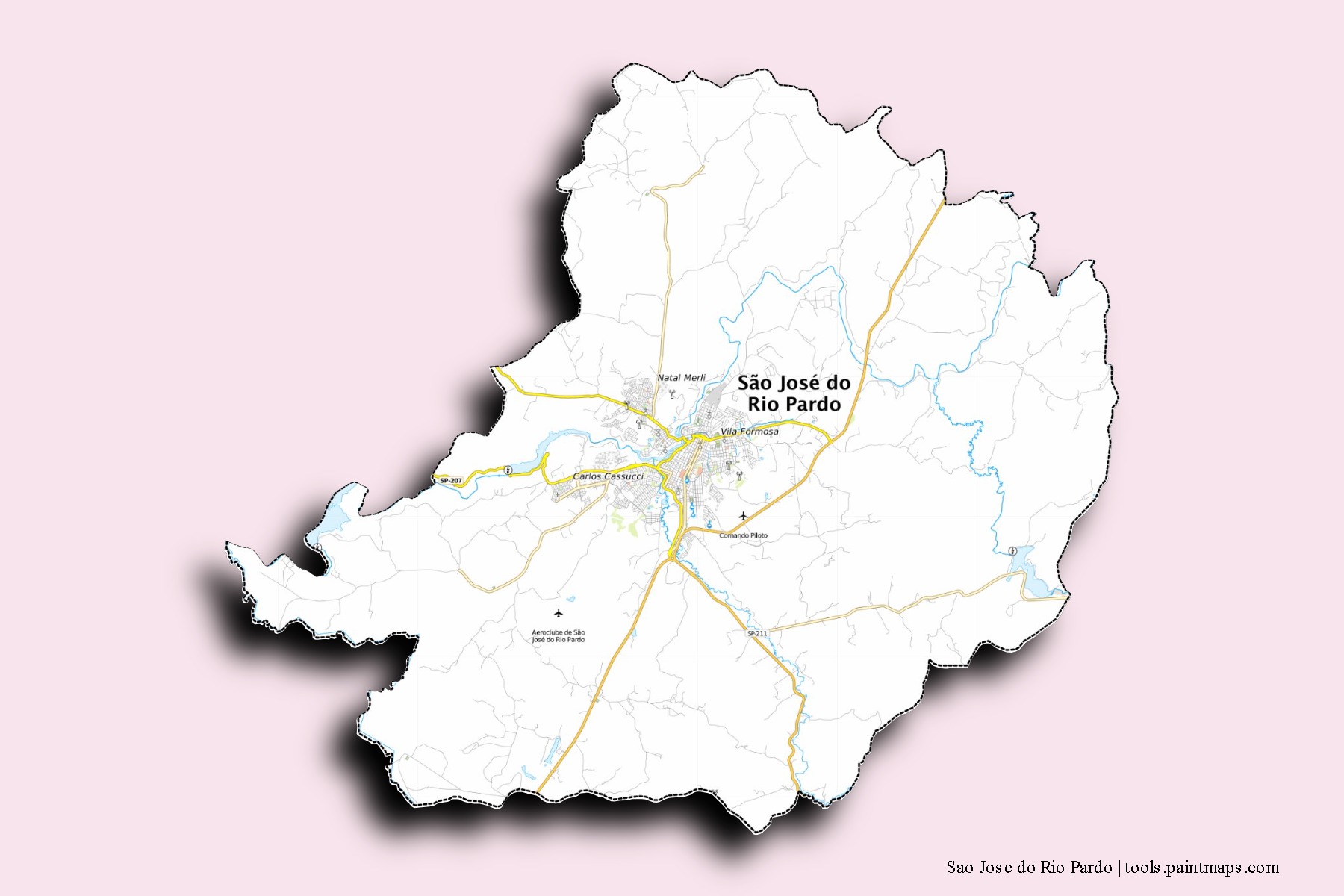 Mapa de barrios y pueblos de Sao Jose do Rio Pardo con efecto de sombra 3D