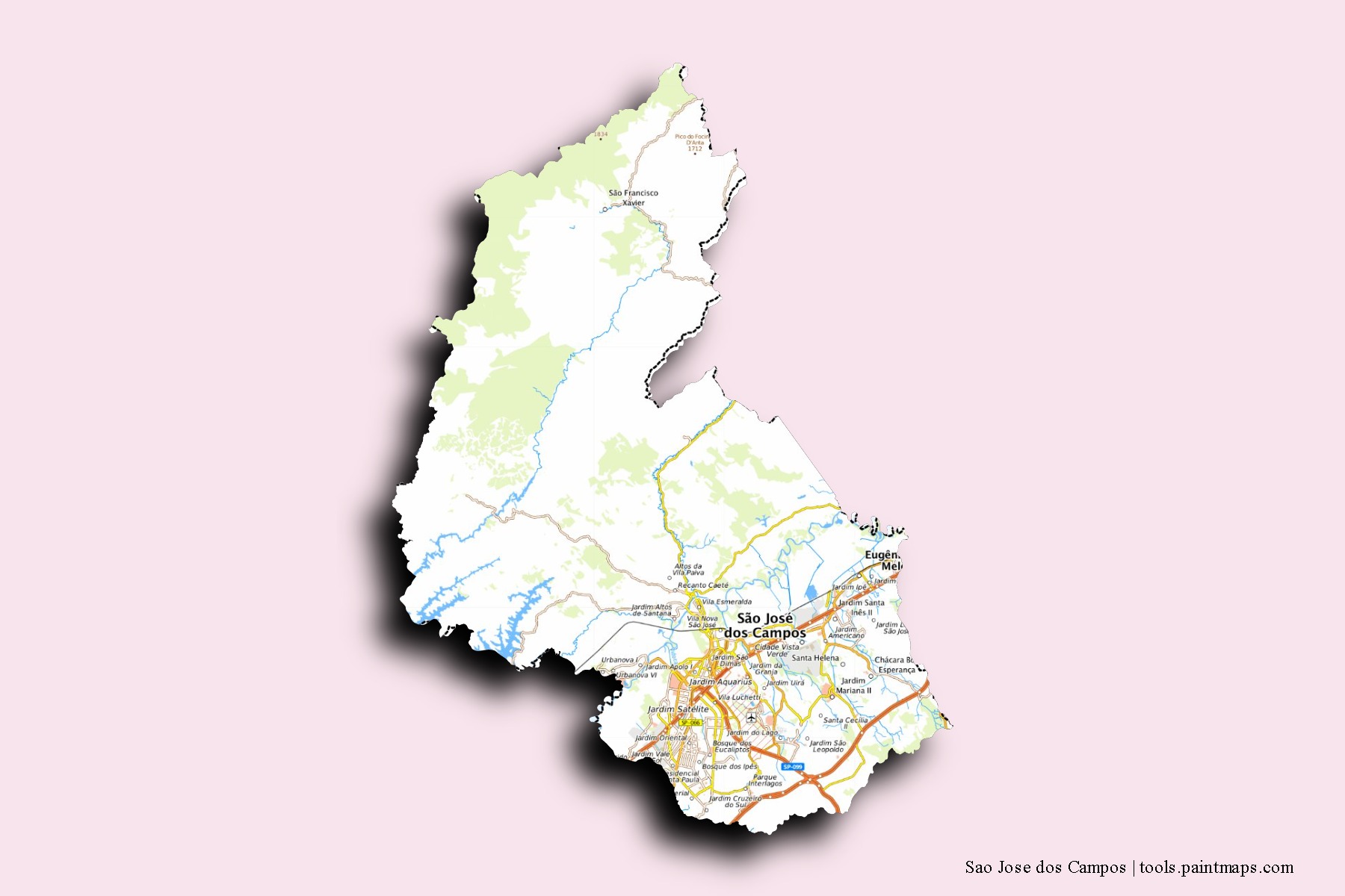 3D gölge efektli Sao Jose dos Campos mahalleleri ve köyleri haritası