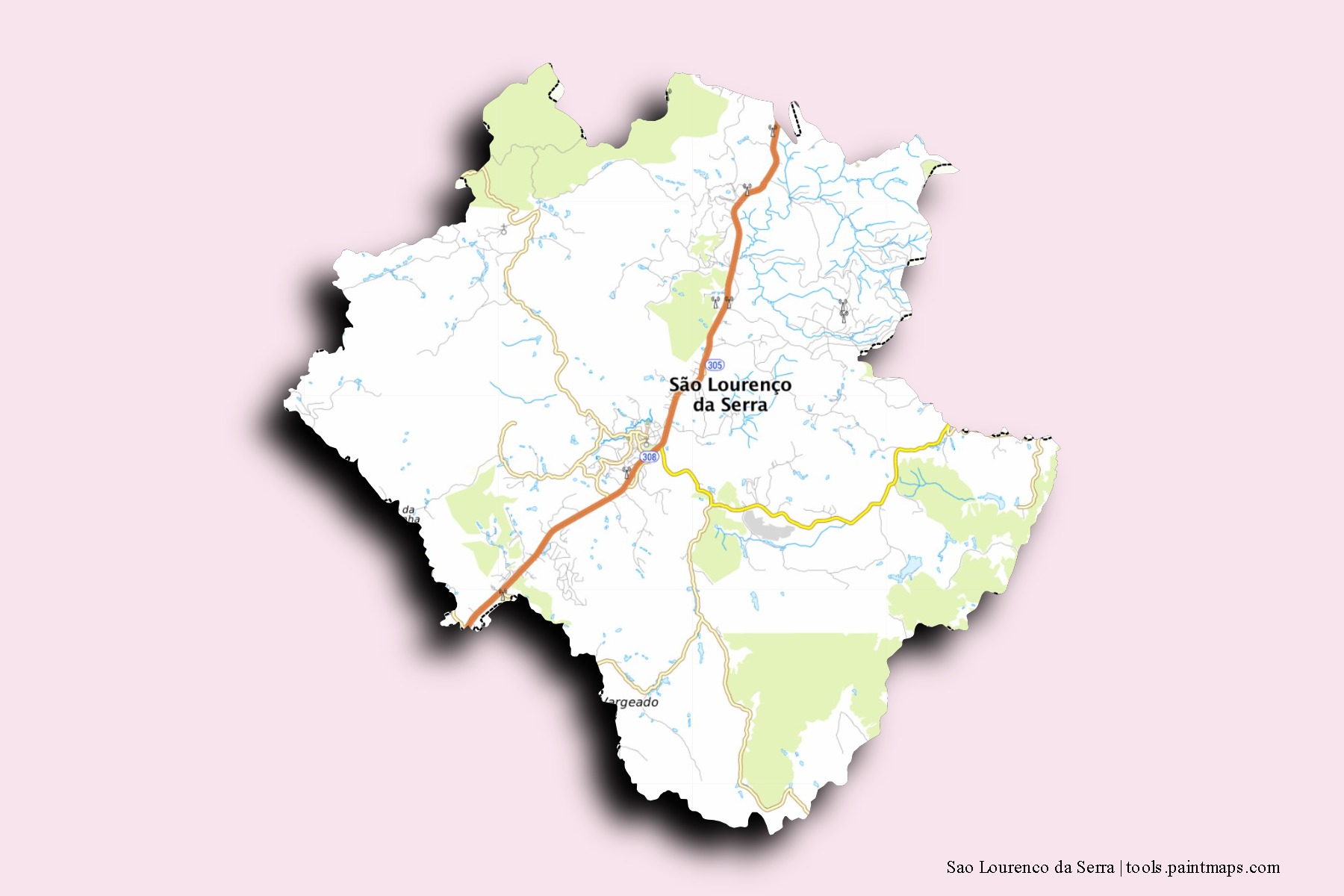 Mapa de barrios y pueblos de Sao Lourenco da Serra con efecto de sombra 3D