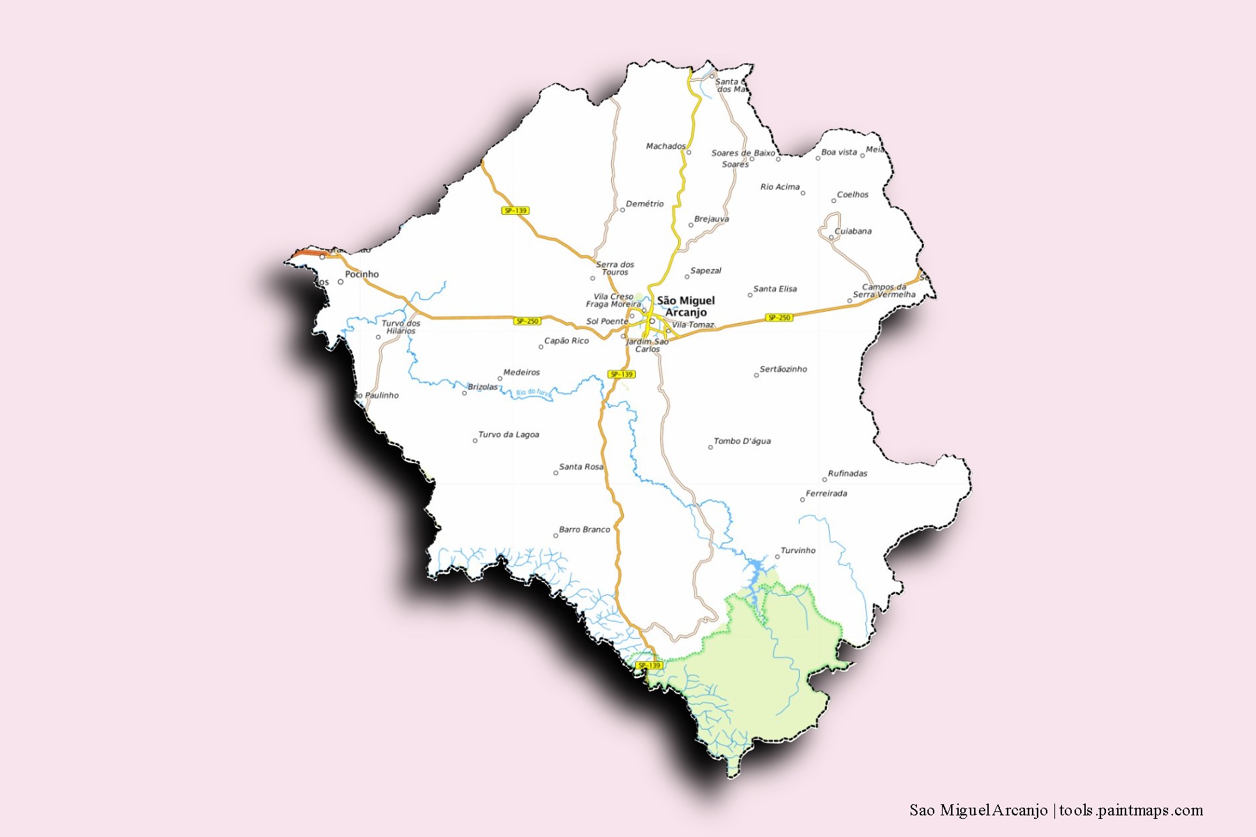 Mapa de barrios y pueblos de Sao Miguel Arcanjo con efecto de sombra 3D