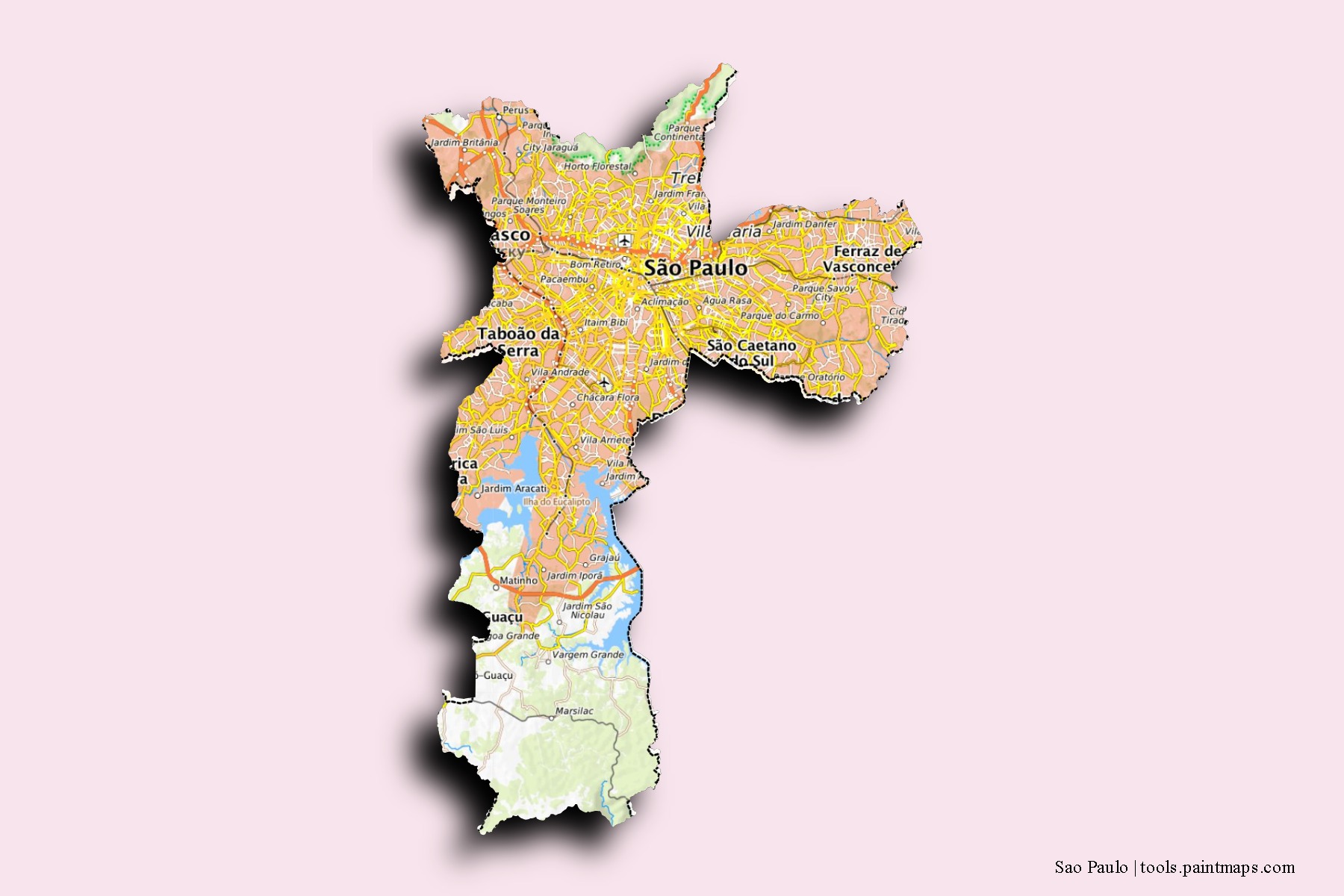 Mapa de barrios y pueblos de Sao Paulo con efecto de sombra 3D